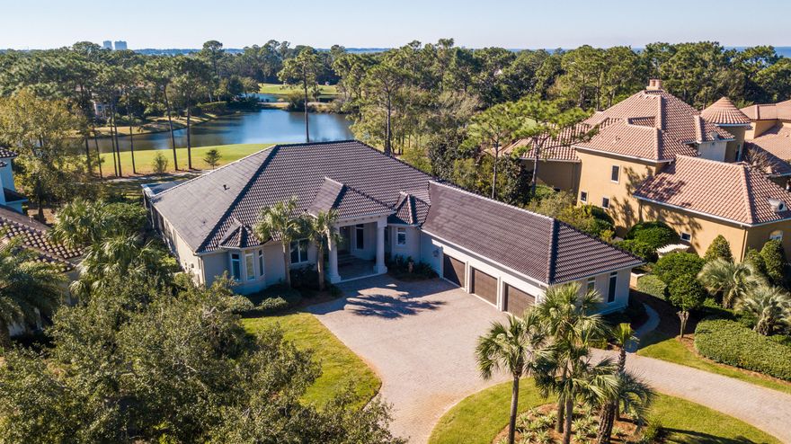 A unique opportunity rarely available in Burnt Pine... 4 Bedrooms, 4 Full Baths, all on ONE LEVEL, located on the 17th Fairway of the Burnt Pine Golf Course. Perfectly situated on a private cul-de-sac street with very little traffic. An estate sized home on an estate sized lot with tranquil views of the golf course and lake. Incredibly spacious, open floor plan, with ample room for entertaining. This home has everything one would expect in a Burnt Pine home, including a screened lanai and pool. The sleek kitchen is sure to impress and features an abundance of cabinets.Split bedroom floor plan provides privacy for the master suite as well as guest suites. Separate study with french door entry way and beautiful built in cabinetry. The large circular drive offers easy access in and out.