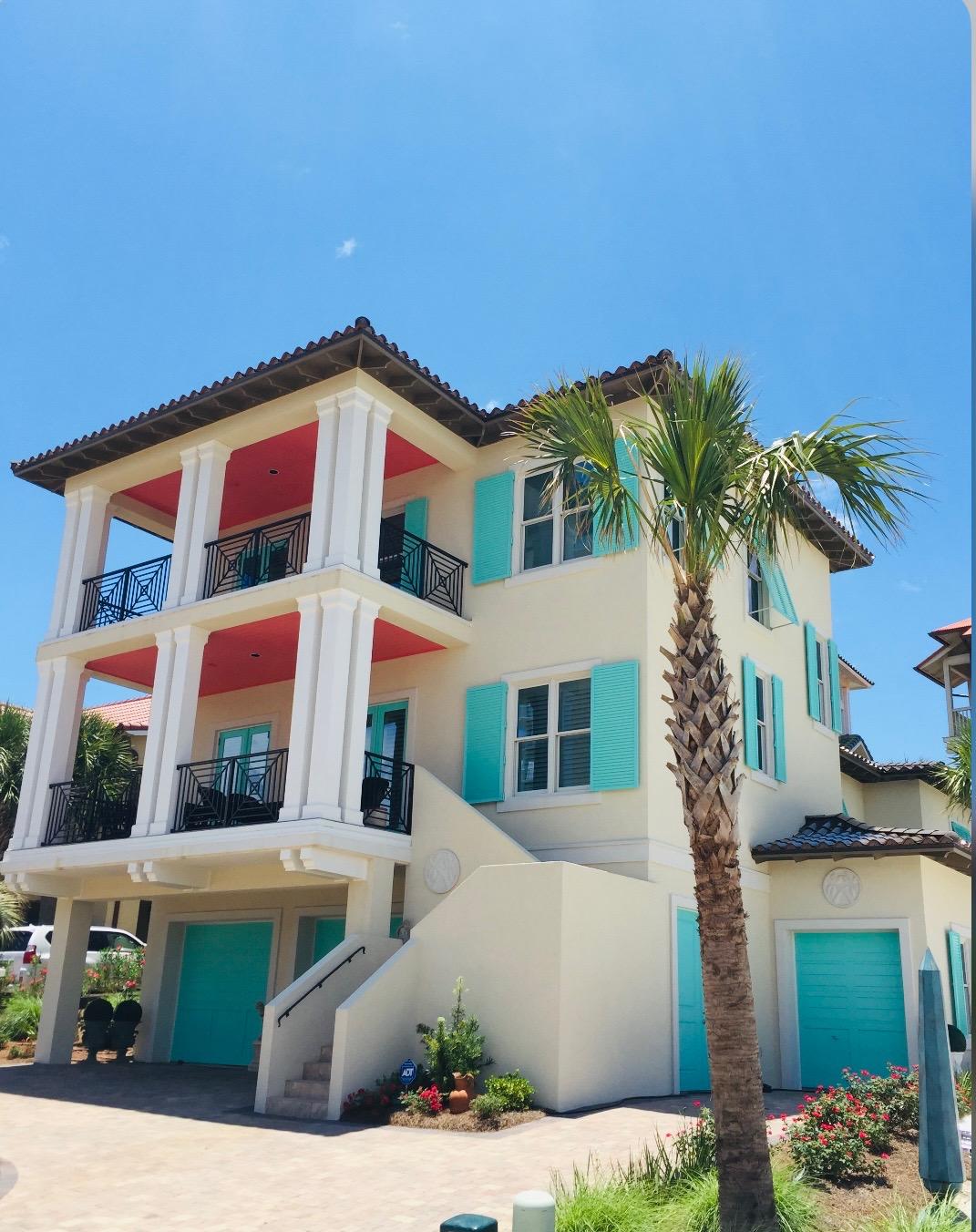 The French Caribbean meets state of the art concrete construction in a gated tranquil beach setting! This impeccable 5 year old custom home is an absolute show stopper offering water views from almost every room, and is 2nd tier back from gulf and mere seconds to the sand via its direct board walk within the sought after boutique community of Caribe in Miramar Beach. The superb craftsmanship and attention to detail is evident throughout its 3 bedroom 3 1/2 bath interior as well as its exterior features which include a 2 car garage, golf cart garage, exterior storage areas & an outdoor shower, barrel tile roofing, & generous double front porch terraces offering incredible summer gulf breezes, plus the sounds & views of the surf as well as of the tranquil lake.