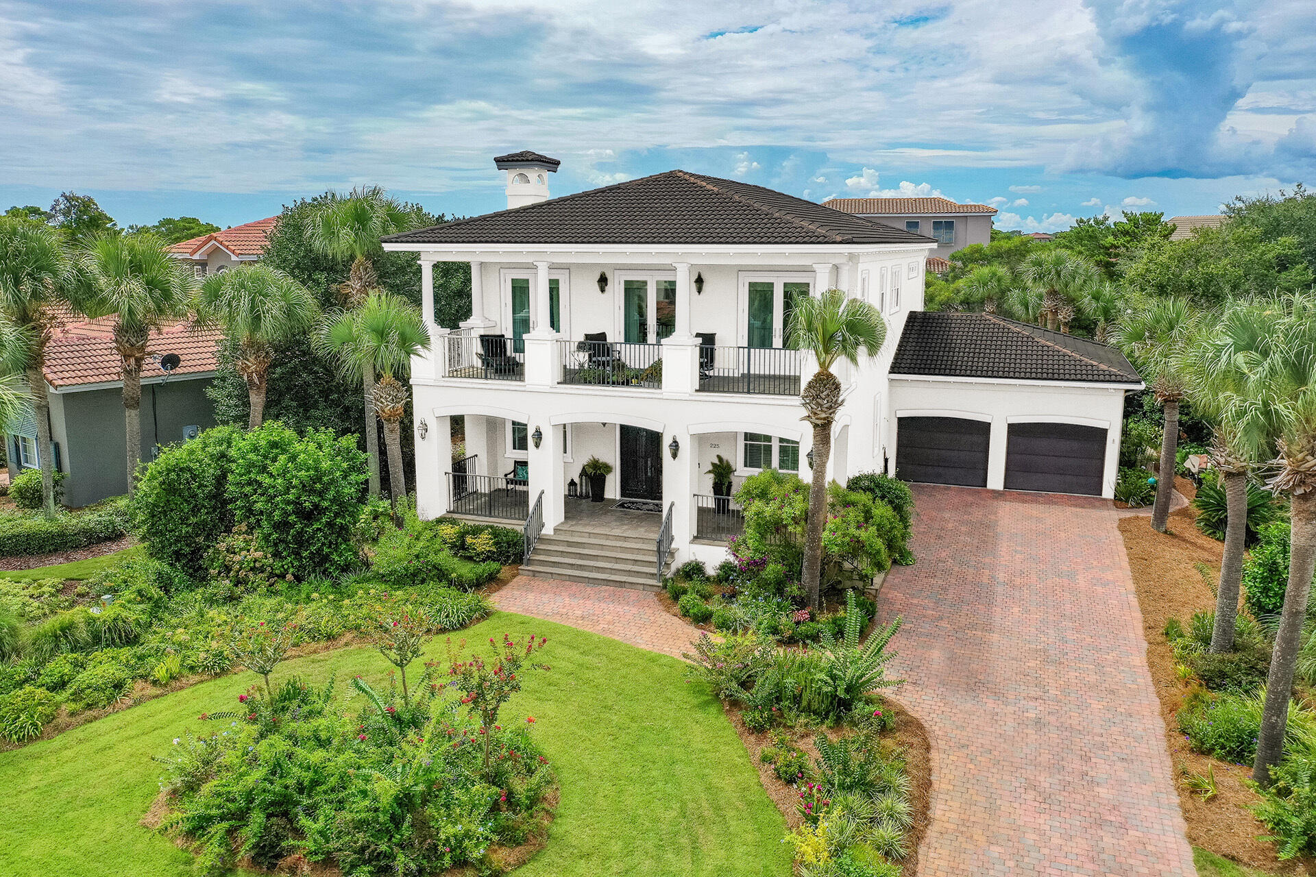 Brand new exterior paint! The warm off-white paint is aesthetically pleasing and offers peace of mind with premium paint.Awesome location in the gated BellaMar at Gulf Place! The RENTAL RESTRICTED (no short-term) neighborhood is a 2 minute golf cart or bike ride to private deeded beach access. This 3 bedrooms, 3.5 baths plus an office, and a sunroom overlooks the private backyard retreat. Gorgeous landscaping offers privacy while relaxing poolside or hosting gatherings. The first floor layout welcomes guests in the proper foyer flowing into the wet bar area and back to the sunroom overlooking the heated saltwater pool and spa.