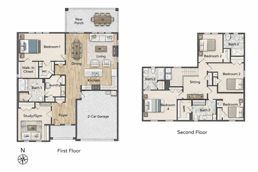Welcome to the Macy by Huff Homes, located in the newly released Arborview Park phase of Watersound Origins, near the entrance of the community at West Bay Parkway and Highway 98. Situated on a corner homesite with a pond view, this two-story home offers approximately 2,750 square feet of living space with 4 bedrooms, 3 full bathrooms, a study, and a 2-car garage.The first floor includes an open living, dining, and kitchen area that connects to a rear screened porch. The primary suite and a study are also located on the main level. Upstairs, three additional bedrooms are arranged around a central sitting area that can serve as a secondary living space or flex area. Interior features include 10-foot ceilings on the first floor and 9-foot ceilings upstairs, quartz countertops in the kitchen and bathrooms, luxury vinyl plank flooring throughout the main living areas, wood cabinets with soft-close drawers, upgraded stainless steel Bosch appliances, tiled showers in full bathrooms, and crown molding in the main living areas, hardwood stair treads, recessed lighting, ceiling fans.

Exterior construction includes cement fiber siding, decorative shutters, heirloom brick accents on the front and porches, and landscaped yard with irrigation.

Residents of Watersound Origins have access to the Origins Golf Course, Village Commons pool and fitness center, sports courts, trails, and the Watersound Town Center located within the community.

Estimated completion is end-June 2026.