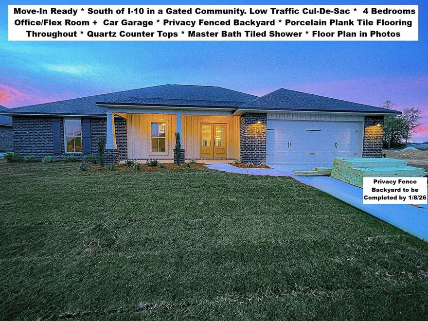 South of I-10 in the GATED Community of Chanan Estates on A CUL-DE-SAC.  Be the 1st to live in this BRAND NEW Brick Home. FLOOR PLAN ATTACHED in the PHOTOS. ONLY 5 MORE HOMES will be built in CHANAN ESTATES, and the Subdivision will be BUILT OUT. Front & Rear Covered Porches. QUARTZ Counter Tops in Kitchen and Baths, White Shaker Cabinets, Over and Under Kitchen Cabinet Lights, Stainless Appliances, 4 Bedrooms + Separate Flex/Office + 2 Laundry Rooms. The Living Area in this Home is Huge, and THE ENTIRE HOME HAS PORCELAIN PLANK TILE FLOORING. Master with Laundry Room, Tray Ceiling with Rope Lighting, Stacked Crown Molding, Separate Tile Shower with Frame-less Shower Door, Oversized Soaking Tub, Double QUARTZ Top Vanity, Walk-in Closet, and French Door Access to the Backyard. No City of Crestview Property taxes. Sidewalks throughout the community. Mechanical and Other Information: AstroGuard Hurricane Fabric for Windows & Doors is Included with this Home. MyQ Garage Door Opener with app option. Yard With Sprinkler System Installed in the areas with grass. Stainless Appliances Include: Stainless Range, Dishwasher, & Microwave. Buyer to verify measurements, school zones, and other items of importance to the buyer.  CHECK OUT ALL THE PHOTOS FOR MORE INFORMATION AND DETAILS.
