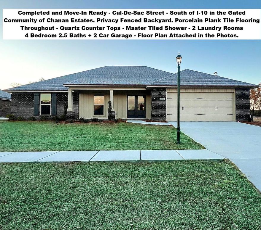 South of I-10 in the GATED Community of Chanan Estates on A CUL-DE-SAC.  Be the 1st to live in this BRAND NEW Brick Home. FLOOR PLAN ATTACHED in the PHOTOS. ONLY 5 MORE HOMES will be built in CHANAN ESTATES, and the Subdivision will be BUILT OUT. Front & Rear Covered Porches. QUARTZ Counter Tops in Kitchen and Baths, White Shaker Cabinets, Over and Under Kitchen Cabinet Lights, Stainless Appliances, 4 Bedrooms + Separate Flex/Office + 2 Laundry Rooms. The Living Area in this Home is Huge, and THE ENTIRE HOME HAS PORCELAIN PLANK TILE FLOORING. Master with Laundry Room, Tray Ceiling with Rope Lighting, Stacked Crown Molding, Separate Tile Shower with Frame-less Shower Door, Oversized Soaking Tub, Double QUARTZ Top Vanity, Walk-in Closet, and French Door Access to the Backyard. No City of Crestview Property taxes. Sidewalks throughout the community. Mechanical and Other Information: AstroGuard Hurricane Fabric for Windows & Doors is Included with this Home. MyQ Garage Door Opener with app option. Yard With Sprinkler System Installed in the areas with grass. Stainless Appliances Include: Stainless Range, Dishwasher, & Microwave. Buyer to verify measurements, school zones, and other items of importance to the buyer.  CHECK OUT ALL THE PHOTOS FOR MORE INFORMATION AND DETAILS.