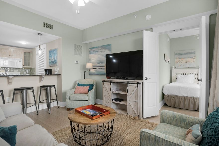 Looking for an affordable second home or investment property? You just found it! This adorable 4th floor condo, with an oversize balcony, conveys fully and beautifully furnished and is located in the heart of the Sandestin Golf & Beach Resort in the Village of Baytowne Wharf. This condo is also located within steps from the wonderful amenity terrace which boasts a resort style pool, hot tub, fitness center, and a beautiful lawn with a grilling area. Sandestin Resort boasts 4 world class golf courses, a marina, biking/walking paths, premier shopping, delicious local cuisine, and the breathtaking beaches of the Emerald Coast, all within a short stroll, bike or golf cart ride! Separate storage cage also included. Buyer to verify all information and dimensions. Call today to see this gem!