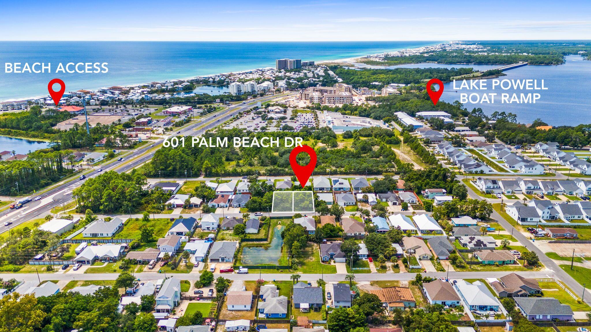 Discover the perfect canvas for your beach retreat on this 50' x 105' homesite at 601 Palm Beach Drive, ideally located on the desirable west end of Panama City Beach. Tucked into a quiet neighborhood yet just minutes from the Gulf, this property presents a rare opportunity: purchase the adjacent vacant lot as well to create a double homesite at a bundled price. With no HOA restrictions, public sewer available at the street, and plenty of space to design your ideal coastal residence, the options are wide open. Build your dream home, a vacation escape, or maximize income potential with a short-term rental. For builders, the ability to secure two side-by-side parcels offers the perfect chance to deliver multiple projects in a high-demand market. From this prime location, enjoy the best of both worlds, the serenity of Lake Powell and pristine Gulf beaches just blocks away, plus convenient access to 30A, Inlet Beach, Rosemary Beach, Pier Park, local dining, shopping, and entertainment. With land availability on the west end shrinking, opportunities like this don't come along often. Offered at $155,000 each or $300,000 for both lots together, an unbeatable value for such a versatile setup.