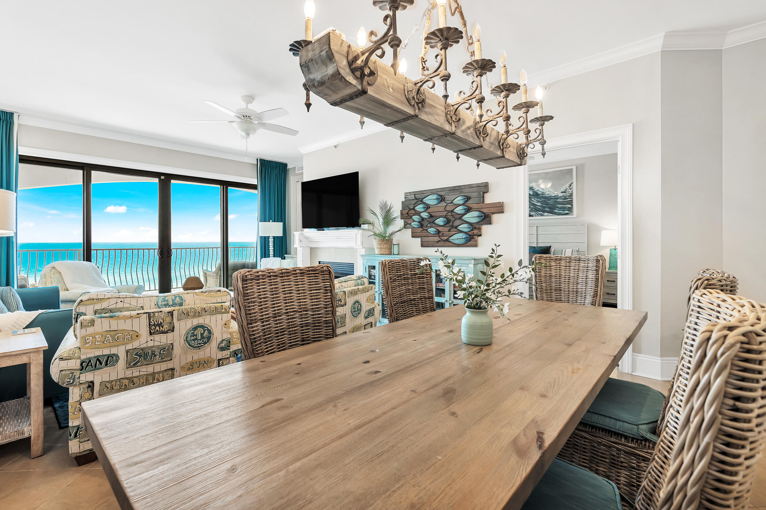 GULF FRONT GEM! TOP FLOOR unit available at the upscaled resort, Villa Coyaba. This 4 bed/3 ba has never been rented and is very tastefully decorated. Indulge yourself in luxury as you enter this spacious condo overlooking the Gulf of Mexico. The living room and the primary bedroom lead out to a fabulous, oversized balcony offering breathtaking views while hearing the soothing waves. The living room has a fireplace that comes in handy during the holiday season. The primary bedroom suite has a large bathroom with soaking tub and walk-in shower and the kitchen is well equipped with plenty of room for chefs creating fabulous meals. The additional two bedrooms can be used as junior suites, and the fourth bedroom is great for the kids to play and sleep in.