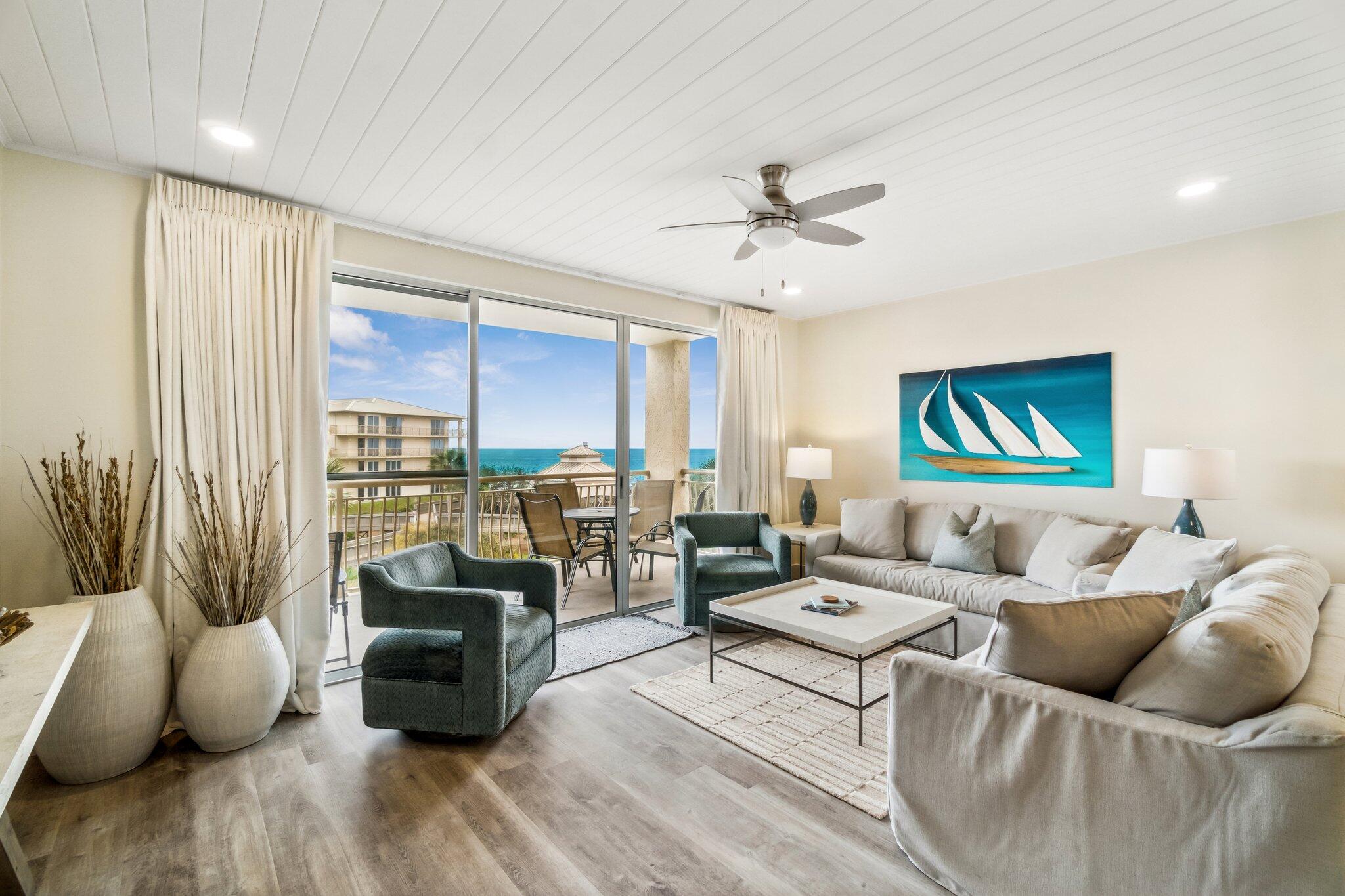 Indulge in breathtaking views of the Gulf of Mexico and the lagoon pool from the coveted vantage point of this 3rd-floor west corner condo at High Pointe, a meticulously renovated 3-bedroom, 3-bathroom residence situated along the picturesque Scenic Highway 30A in Seacrest Beach. This thoughtfully adorned unit invites you to unwind in a setting of spectacular views and relaxed coastal elegance. The expansive kitchen, equipped with modern appliances and a breakfast bar for three, seamlessly flows into the open-concept dining room and living area. A generously sized dining table, comfortably accommodating eight, sets the stage for family meals, followed by leisurely evenings in the living room enjoying your favorite movies. The master suite is a retreat in itself