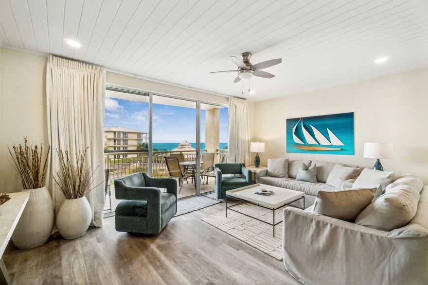 Indulge in breathtaking views of the Gulf of Mexico and the lagoon pool from the coveted vantage point of this 3rd-floor west corner condo at High Pointe, a meticulously renovated 3-bedroom, 3-bathroom residence situated along the picturesque Scenic Highway 30A in Seacrest Beach. This thoughtfully adorned unit invites you to unwind in a setting of spectacular views and relaxed coastal elegance. The expansive kitchen, equipped with modern appliances and a breakfast bar for three, seamlessly flows into the open-concept dining room and living area. A generously sized dining table, comfortably accommodating eight, sets the stage for family meals, followed by leisurely evenings in the living room enjoying your favorite movies. The master suite is a retreat in itself