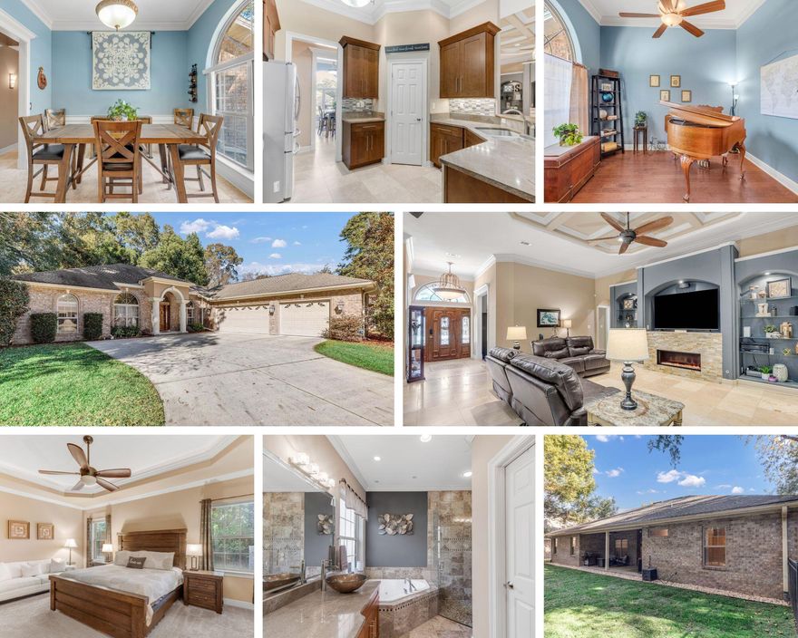 STUNNING Former Parade of Homes Winner 5 Bedroom - 3 Bathroom Home with 3 Car Side Entry Garage in the Gated Community of Claire's Vineyard. The home sits perfectly placed in the center of the neighborhood on a cul-de-sac, offering the feeling of seclusion and privacy. This well appointed and perfectly laid out floor plan offers a space for everyone as well as grand 9 ft, 11 ft, and 12 ft ceilings throughout the home. As you step inside the home, you are greeted by a beautiful foyer with decorative floor tile. To the left of the foyer, sits a flex space that with serve perfectly as a music room, home office or sitting area. This room is complete with wood flooring, ceiling fan, and crown molding. To the right of the foyer, you will find the home's formal dining room room complete with cased entries, wainscoting, crown molding and chandelier lighting. As you move through the foyer, you are greeted by the home large living room adorned with a beautiful tray and coffered ceiling, inline gas fireplace, ceiling fan, beautiful built-in shelving, and tile flooring throughout. Just off of the living room is the home's spacious kitchen complete with granite counter tops, breakfast bar, maple cabinets, tile backsplash, stainless steel appliances (oven with smooth top range, French door refrigerator) microwave, dishwasher and , pantry, under cabinet lighting, crown molding and more... The second dining area is just off of the kitchen and overlooks the back yard. The home's well appointed master bedroom offers enough space for a King bed and furniture with additional room for a sitting area. The master is complete with tray ceiling with back lighting and crown molding, ceiling fan, and access to the covered back porch. The master bathroom offers a spa like feel with double vanity, granite counter tops, maple cabinetry, jacuzzi tub, zero entry shower, water closet, linen closet and master closet. There are four additional spacious bedrooms with roomy closets and ceiling fans to enjoy. The second full bathroom offers another zero entry tile shower, and maple vanity with granite counter top. The third full bathroom is complete with a tub shower combo with tile surround, maple vanity and granite counter top. The perfectly designed indoor laundry room runs behind the kitchen and extends to a hallway with mud bench that connects to the home's 3 car side entry garage. This massive oversized garage has room for all the toys, has two auto openers, Rinnai gas tankless hot water heater and a pull down stairs with attic storage. The beautiful backyard is complete with a large covered back porch, newly installed Zoysia sod, decorative rock, and black metal fence for children of pets. Both the front and back yards offer mature trees and shrubs for great curb appeal and privacy. The exterior of the home also offers gutters around the entire home, under soffit lighting, and irrigation system. 
If you are looking for a home in an exclusive gated community in Crestview, Florida, then don't miss out on your chance to view this amazing Claire's Vineyard home and schedule your showing TODAY!