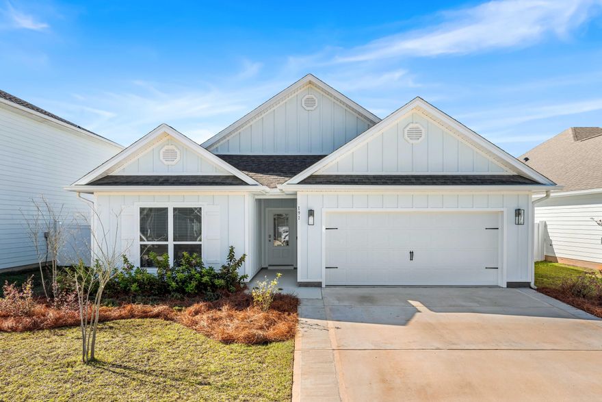 Welcome to Walton's Landing! This upgraded ''Delray'' floor plan features 4 bedrooms, 2 bathrooms, and a 2-car garage. Highlights include 9' ceilings, luxury vinyl plank flooring, Hardie siding, ivory shaker cabinetry, and quartz countertops.Indoor/outdoor upgrades include: Enlarged master shower with transom window | Kitchen backsplash | Fenced backyard | Whole-home air purifier | kitchen sink & refrigerator filtration system | Epoxy garage floor | Widened driveway | Window treatments.Just minutes from 30A beaches, a bay boat launch, shopping, and dining, this home offers prime coastal living with great short-term rental potential.