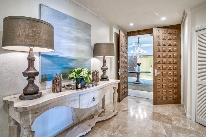 Semi Private elevator opens to an addional 200 sq ft in the grand entry foyer(not included in total sq ft) 4000 sqft total.. Custom Copper doors lead to the elegant detailed wood door entry to the Penthouse unit with 180 degree views of the beautiful emerald waters. Don't miss this opportunity to own this expansive remodeled condo in a non-rental building. From the designer furnishings to the posh lighting and finishes, you will find no detail overlooked. 3 spacious bedrooms & 2 bunk rooms will impress with their size, large closets & balcony accesses. 2 Q beds are found in each guest bedroom with king in the master & all feature en-suite bahrooms with steam shower & separate garden tub in master bath. Top of the line appliances, water filtration system & 120 gallon water heater- all new! Sold Fully furnished (exception-a few art pieces listed in documents) HVAC replaced in 2012. Regency offers game room, gym, suana,  heated pool with gulf views, kiddie pool, community club house, tennis courts, basketball court, shuffle board, assigned covered parking and private beach. There is beach service including 2 chairs and an umbrella for owner's and their guests included in hoa amenities. Square footage to be verified by purchaser. Recenet Appraisal availalbe upon request.