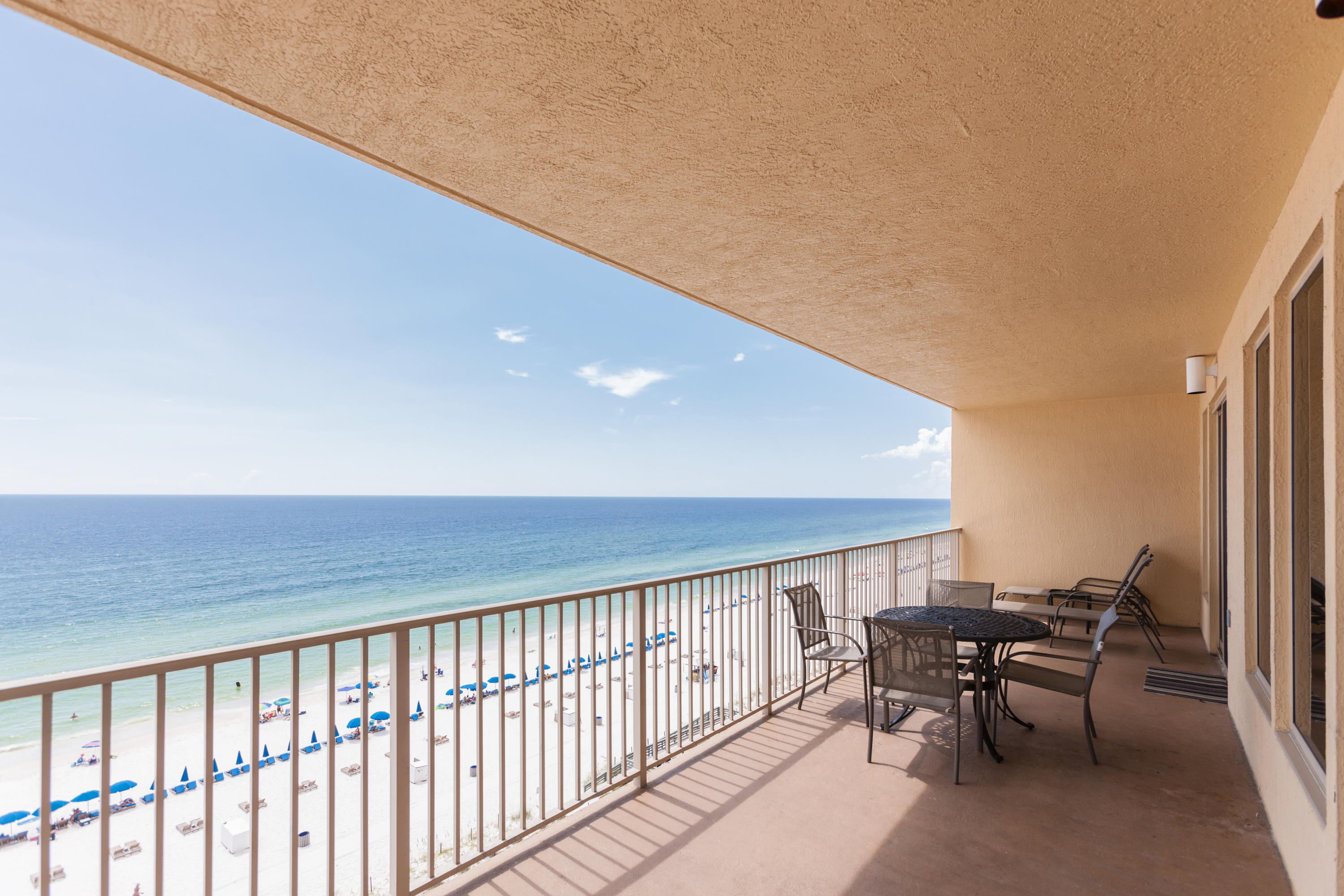 This beautiful end unit condo features floor to ceiling windows with a massive 750 square foot balcony that wraps around the entire condo. The panoramic views of the Gulf of Mexico can be seen from the living room, master bedroom, kitchen, and dining area. Both guest bedrooms have balcony access as well. The condo is turn key and being sold fully furnished. The oversized master bedroom has a private bath with double vanities and a walk-in closet. There are two additional spacious bedrooms with balcony access and a bunk room. This open floor plan is great for entertaining. The kitchen features solid surface countertops, refrigerator with ice-maker, dishwasher, built-in microwave with self-cleaning oven.Amenities include two gulf front pools, kiddie pool, two hot tubs, tiki bar and