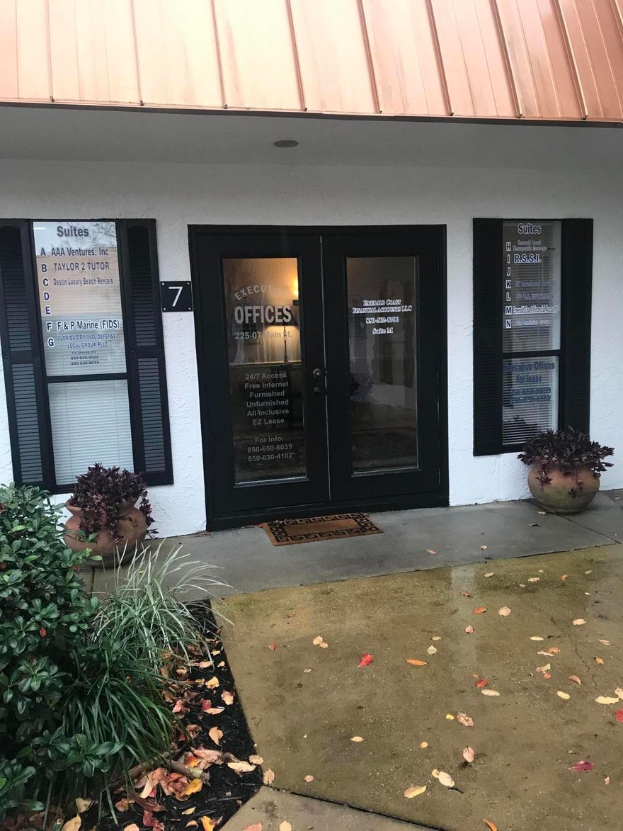 Lease an individual office in a professional office building. Welcoming lobby with access to common conference room and break area. Utilities are included. Furnished unit. Front building door and office door signage available. Rent does not include sales tax.Easy access from Main Street in Destin.