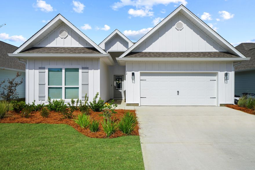 Experience the magic of the Emerald Coast in this gorgeous, never rented 2023 construction that is minutes from 30A beaches, schools, restaurants, shopping, golf, and more! Walton's Landing is a quiet community that has walking paths, ponds, and a beautiful community pool. This single-level, 4-bedroom + office ''Kennedy'' floor plan has EVP flooring throughout, 3 full bathrooms, and is ideally located on a prime lot near the pool, making it the perfect full-time residence or short-term rental! The kitchen features beautiful quartz countertops, farmhouse sink, stainless steel appliances, spacious pantry, designer lighting, and painted cabinetry. Enjoy pond views on the covered back porch or spacious fenced-in yard. The large primary bedroom has an en suite with double vanity with quartz countertops, separate shower, garden tub, and big walk-in closet. Guest Bedroom 2 and Guest Bedroom 3 are nice-sized and there is as full bathroom in between them with quartz countertops and a shower/tub combination. Enjoy the convenience of a dedicated laundry room near the bedrooms! The office is located just off the entry near Bedroom 4 and there is a second full bathroom with quartz countertops, painted cabinetry, and a shower/tub combination. The office makes the perfect 5th bedroom, playroom, or bunk room! Additional features include water filtration system, smart home technology, doorbell camera, digital thermostat, keypad lock, and two-car garage. The exterior features a full irrigation system, spacious fenced-in yard, and covered back porch! The exterior also has 4-sided Hardie construction, reinforced concrete foundation, weather resistance house wrap barrier, and a 30-year dimensional shingle roof. This amazing neighborhood enjoys golf cart access to 30A's popular Dune Allen public beach access and is also close to nature trails, Cessna Landing's public boat launch, and Topsail Hill Preserve State Park. Schedule a showing today!