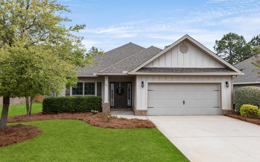 The Bailey floor plan offers 3 beds, 2 baths, 2-car garage, and fenced back yard. Granite counters and stainless appliances, with kitchen island for more work space.  Tile floor in baths and kitchen areas and carpeted bedrooms and living rm. Fenced backyard offers privacy for play or pets. The home has gutters and all closets plus the pantry have extra shelving. 2-inch blinds, upgraded fans and lights add style. Washer and dryer included. HOA fees cover basic cable TV, pools, a 24-hour gym, clubhouse, theater, pickleball, tennis and basketball courts, playground, and Bay Club with a fishing pier. Enjoy paved walking paths, dog park, plus special events, farmers market, general store, brew pub, dog parks, and city park just around the corner, as is the new Freeport Middle School.