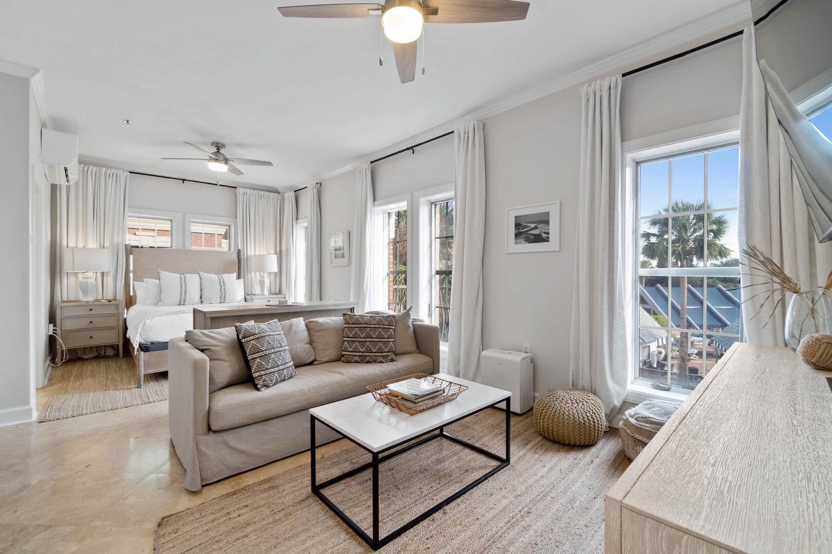 Welcome to Shore Beats Work at The Village of South Walton -- a bright, beachside studio perfectly located between Rosemary and Alys Beach on 30A. This cozy retreat sleeps four with a queen bed and sleeper sofa, and features a granite kitchenette, modern bathroom, and smart TV. Enjoy resort-style amenities including two pools, a seasonal tram to private beach access, on-site laundry, and nearby dining, shopping, and bike rentals at Peddler's Pavilion. Whether you're relaxing after a day on the sand or exploring the best of 30A, Shore Beats Work truly lives up to its name.