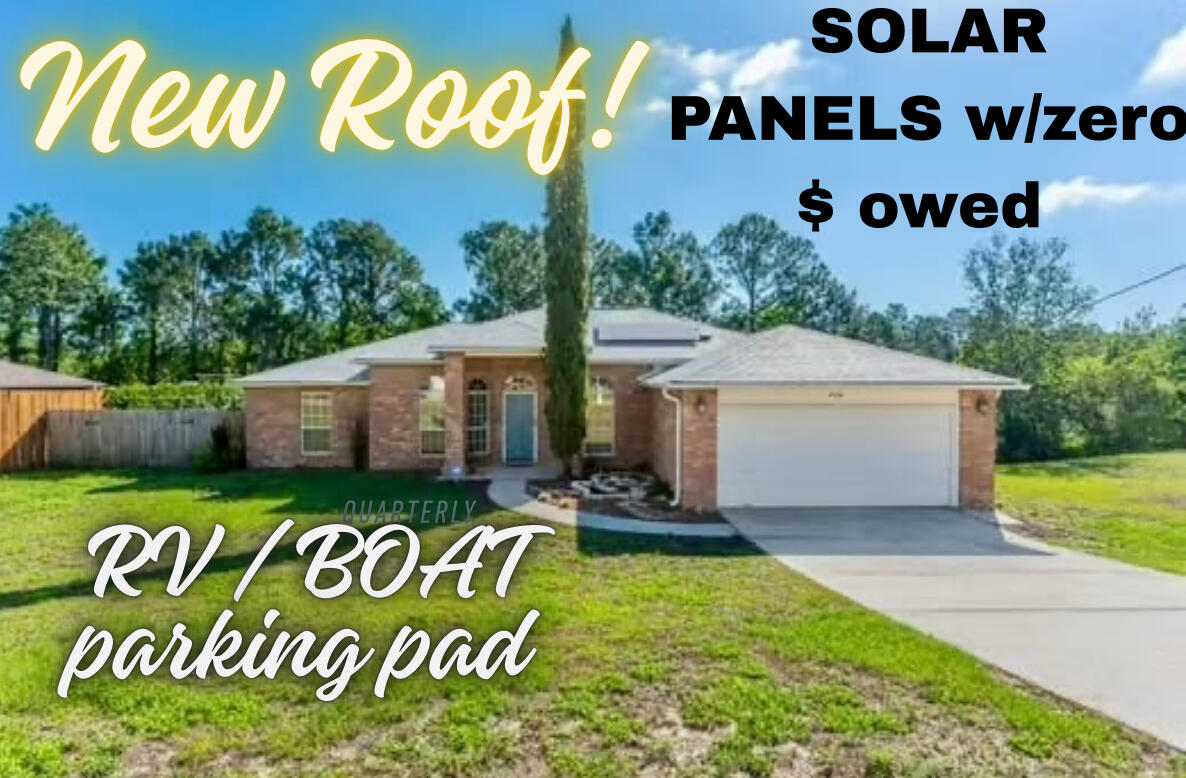 NEW ROOF in 2024! Paid Off SOLAR PANELS! Energy efficient! SOUTH CRESTVIEW with NO HOA! All brick construction with no neighbor behind. separate parking pad in back yard for Boat or RV! This 4 bd 2 bath home features a vaulted ceiling in the living room, a separate dining room and a breakfast nook, a split bedroom design and an updated kitchen with stainless steel appliances. The primary bedroom features 2 walk in closets, a primary bath with large soaker tub and separate shower, and dual vanities. The backyard is partially fenced and includes a storage shed and a patio. The soothing water feature/pond next to the front door provides added curb appeal. If you are looking for an affordable home that provides a quick and easy commute to area military bases don't miss seeing this one! Save thousands annually on utility costs. You won't believe how LOW your monthly power bill will be.with net metering. Couple this savings with the fact that there are no HOA dues and you'll appreciate the value this wonderful home provides.