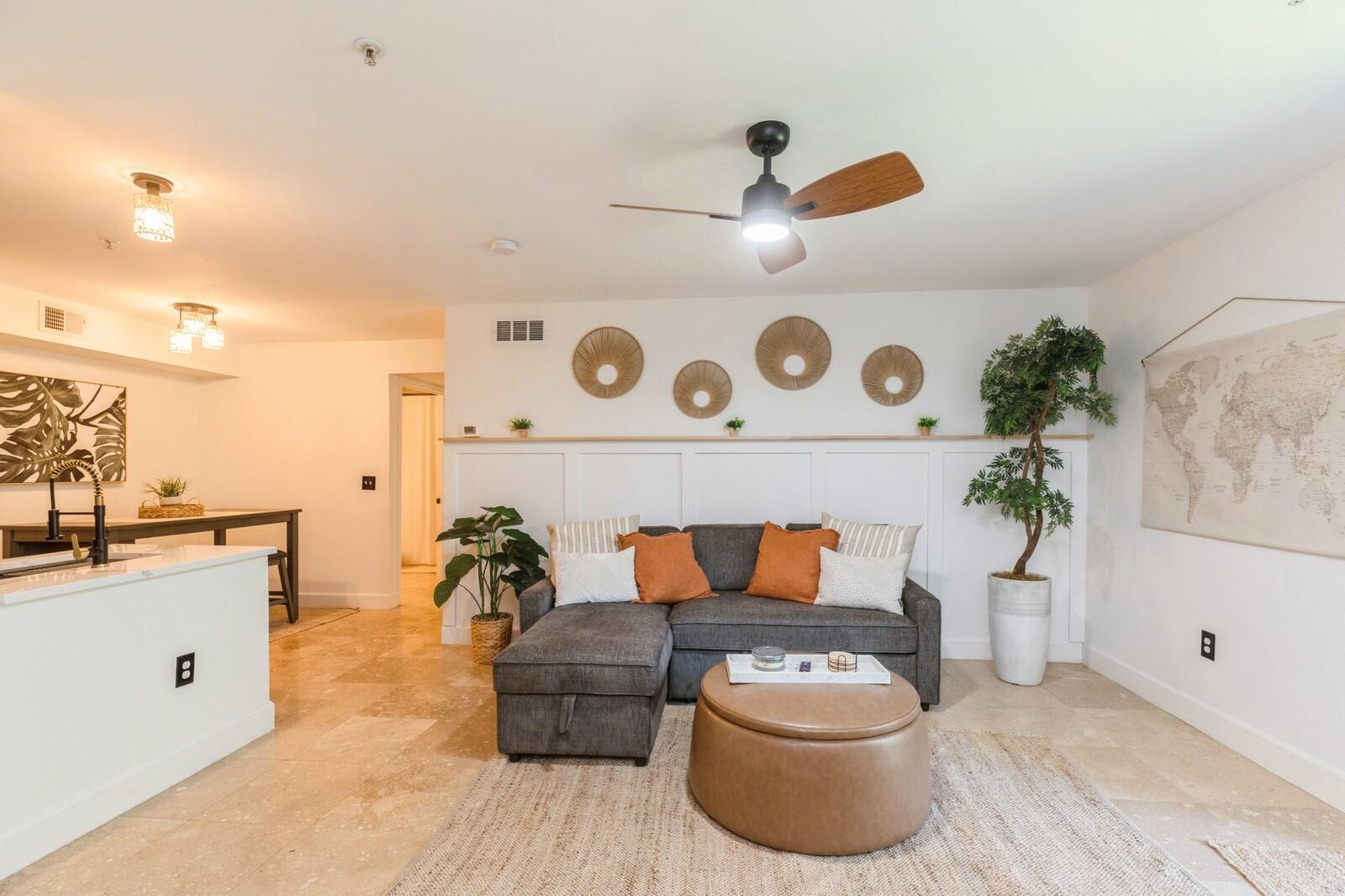 Now Showing! This 1-bedroom, 1-bathroom condo has been beautifully renovated and is ready to impress. Located in the heart of Destin, it's just under a half mile from shopping, restaurants, a dog park, and various attractions. Whether you're looking for a full-time residence or a rental opportunity, this property fits the bill.The open-concept kitchen, dining, and living area is spacious and inviting, with easy access to a balcony--perfect for entertaining or relaxing with loved ones. The kitchen features brand-new cabinetry with soft-close drawers, stainless steel appliances, and quartz countertops. The entire condo has been freshly painted, with a new accent wall adding a modern touch. Tile floors throughout make for easy maintenance.