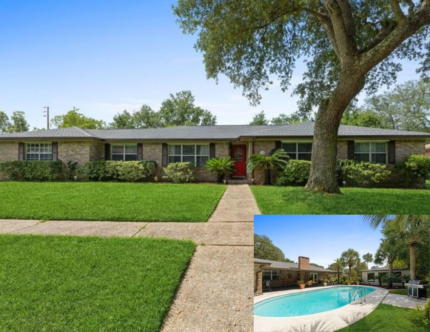 Welcome to your slice of paradise. Large 4 bedroom 2.5 bathroom, all-brick home with in-ground pool and back yard oasis on large corner lot in Fort Walton Beach, FL. As you enter the home, you will step into the foyer that leads to both a formal living room and formal dining room. Next you will find the fully renovated kitchen (2021) with stainless steel appliances (French door refrigerator, gas stove, and dishwasher), granite countertops, travertine tile, new cabinets and pantry. Just off the kitchen, you will find the attached garage, indoor laundry room and half bathroom. The large family room is open to the kitchen and offers a gas or wood burning fireplace, recessed lighting, travertine tile and French doors that lead to the pool area. The home also offers a large master bedroom suite