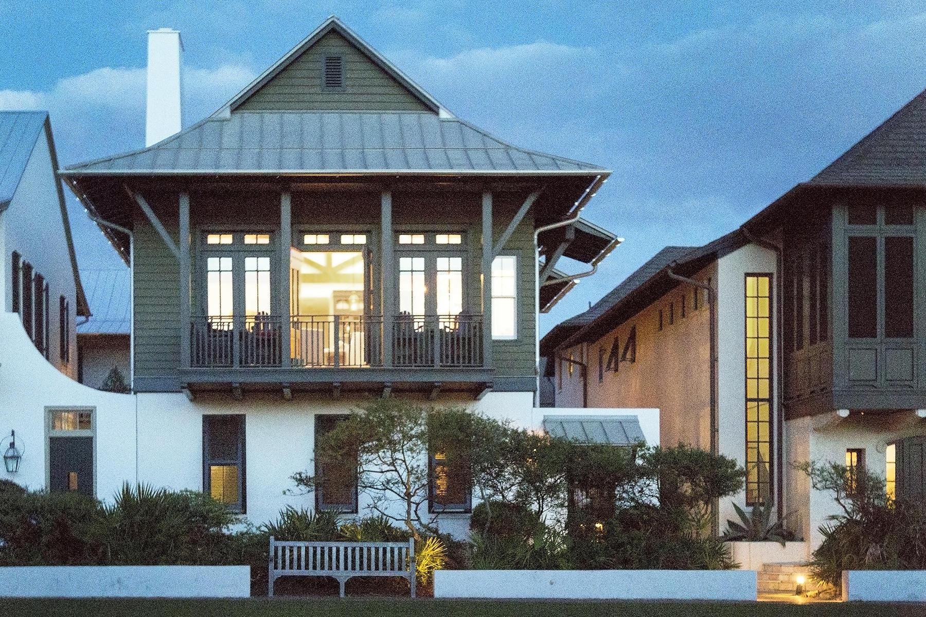 ''Hopetown On The Green''; the box seat at the opera overlooking Rosemary's beautiful Western Green and the Emerald Waters of The Gulf of Mexico! This warm, inviting, four bedroom, Bahama influenced courtyard home designed by Architect, Tom Christ is located just one back from the gulf and offers privacy along with stunning views right in the middle of Rosemary Beach Florida! A well planned side courtyard features lush landscaping, a beautiful fountain by the main entry a tiled first floor porch with seating area, wood burning fireplace, prep sink and gas grill. Located immediately off the home's main first floor entry is an oversized King Master Suite with in-suite bath and a separate very generous sized walk-in closet. The luxurious master bath includes travertine tile,