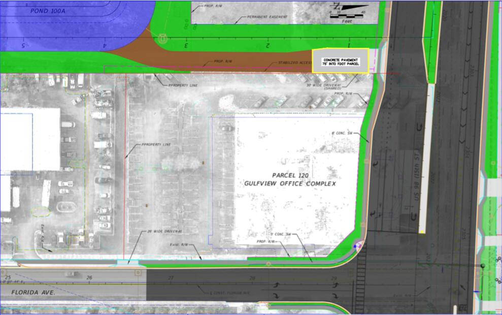 1.43 High Traffic Corner location, property has 30,000 SF building on it with tenant until April 2026, ( new owner will receive rent at around $15k monthly) at which time the State will remove building within 60 days and it will be a clean pad site with access from Hwy 98 and Florida Place, major intersection with traffic signal