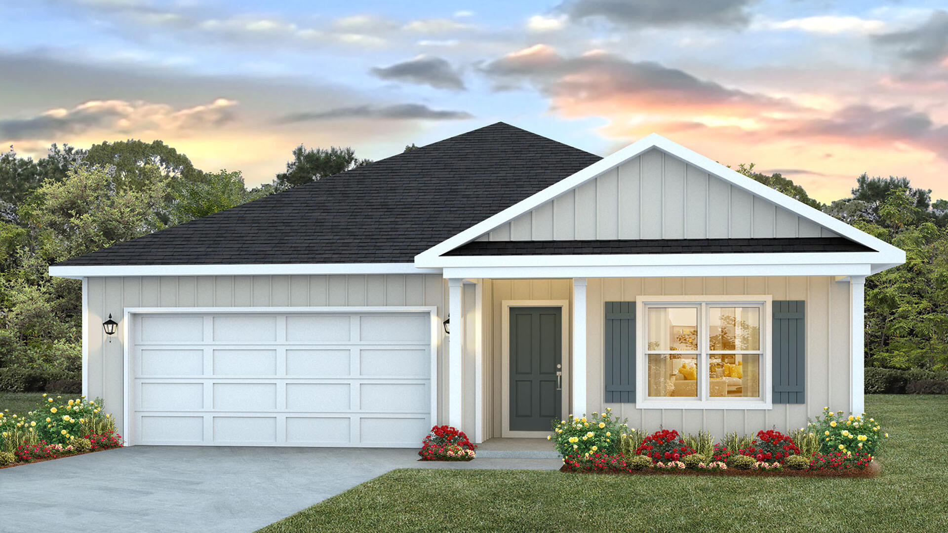 Welcome to 135 Dockside Road a new home at Magnolia at the Bluffs Phase III in Freeport, Florida. This home has 4-bedrooms and 2-bathrooms home and a two-car garage. As you approach this home you will find a sidewalk leading to the covered front porch with space for a sitting area. Entering this this home you will find a long hallway leading to the main living area that has EVP flooring. Two bedrooms are off the entry with a full bathroom in between. Across the hall is a fourth bedroom and large laundry room. The fourth bedroom is a perfect space for a den or even a home office. Each bedroom has plush carpet. Continuing down the hall, you will find yourself at an open kitchen with center island that has upper and lower cabinetry for storage. A large dining space and comfortable living area allow for comfortable living for family and guests. The primary bedroom is found at the back of the home and features a large bathroom with dual sink vanity, separate shower, large soak tub and a large closet. Interior finishes include granite countertops and beautiful white cabinetry as well as chrome plumbing fixtures. The kitchen has appliances including stove, microwave and dishwasher. A Smart Home Technology package finishes out this home with a Qolsys IQ Touch panel, a DEAK0 Smart Switch, smart thermostat and KwikSet Keyless entry. Outside you will find a landscaped front entry with flower beds along the sidewalk as well as vinyl siding and dimension 30-year shingles.