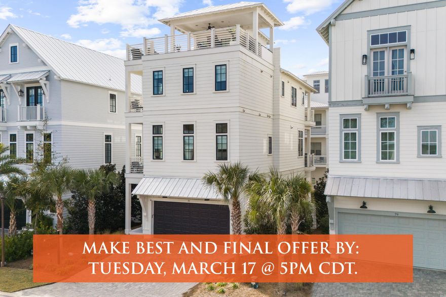 RESERVE REDUCED & AUCTION EXTENDED: Now selling at, or above a bid of $1.6M, Auction scheduled to end Tuesday, 3/17 @ 5pm CDT. This extraordinary coastal retreat now represents the best value currently available in Inlet Beach. Opportunities like this rarely come around again.  Discover a fully furnished coastal estate in Inlet Beach's Grande Pointe community, located between Lake Powell and the Gulf. Designed for effortless coastal living, the property features elevator access to all levels, multiple expansive balconies, and a rooftop terrace with Gulf views, creating an elevated setting that suits the signature indoor-outdoor lifestyle of 30A. The residence accommodates up to 14 guests across five bedrooms, including three king suites, one queen bedroom, and a bunk room. With rooftop gat With rooftop gatherings, balcony entertaining, and golf cart access to Rosemary Beach, 30Avenue, and The Big Chill, the property makes it effortless to enjoy dining, shopping, and live entertainment.