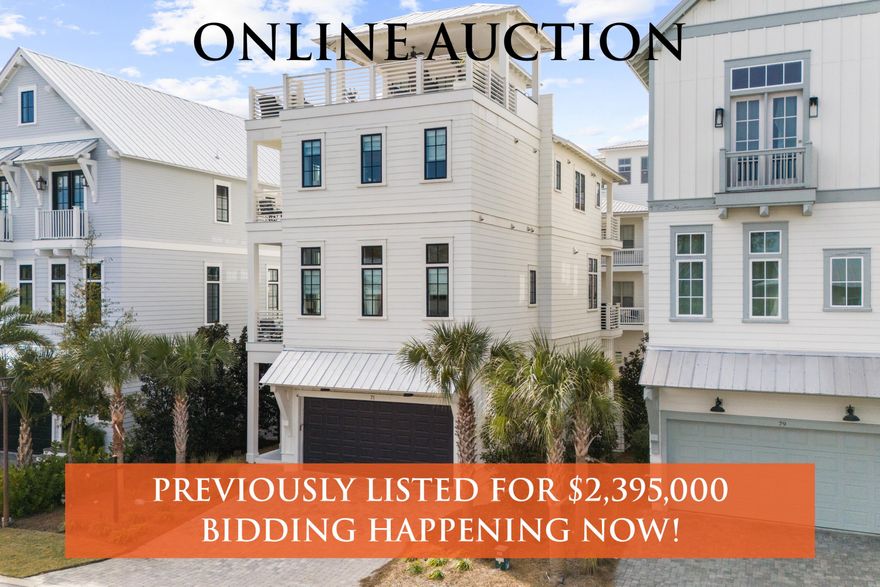 RESERVE REDUCED & AUCTION EXTENDED: Now selling at, or above a bid of $1.6M, Auction scheduled to end Tuesday, 3/17 @ 5pm CDT. This extraordinary coastal retreat now represents the best value currently available in Inlet Beach. Opportunities like this rarely come around again.  Discover a fully furnished coastal estate in Inlet Beach's Grande Pointe community, located between Lake Powell and the Gulf. Designed for effortless coastal living, the property features elevator access to all levels, multiple expansive balconies, and a rooftop terrace with Gulf views, creating an elevated setting that suits the signature indoor-outdoor lifestyle of 30A. The residence accommodates up to 14 guests across five bedrooms, including three king suites, one queen bedroom, and a bunk room. With rooftop gat With rooftop gatherings, balcony entertaining, and golf cart access to Rosemary Beach, 30Avenue, and The Big Chill, the property makes it effortless to enjoy dining, shopping, and live entertainment.