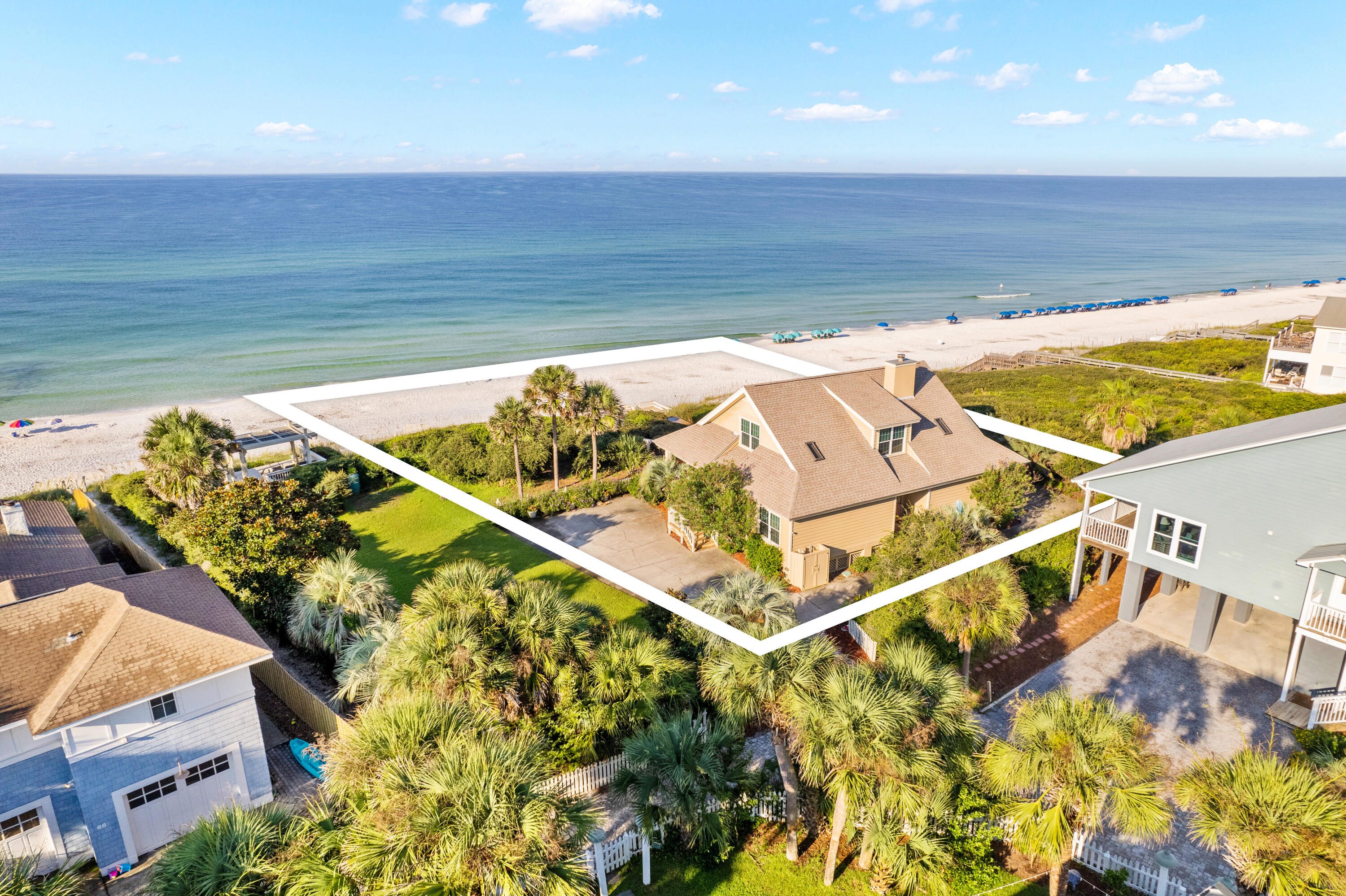 This remarkable gulf front features an exceptionally positioned Gulf-front home, already thoughtfully subdivided prominently located in the heart of Seagrove Beach within the gated enclave of Sea Turtle Lane. Impressively yielding a combined 100 feet of pristine, privately owned beachfront, the possibilities are as vast as the panoramic coastal views. This coveted homesite offers an existing southern style home with exceptional outdoor porch space and endless water vistas or the opportunity for redevelopment with two contiguous lots or one singular oversized building envelope. This property offers the flexibility to realize your vision with direct access to the sugar-white sands and the shimmering turquoise waters of the Gulf of Mexico. This unique lot ensures unparalleled privacy and tranquility within a rental-friendly neighborhood, providing an unparalleled opportunity.
Strategically positioned near the world-renowned charm of Seaside, FL, known for its innovative New Urbanism design, this enclave offers an unmatched blend of serene coastal living and vibrant local culture. This is more than a purchase; it's an investment in an exclusive lifestyle where the beauty of the Gulf Coast becomes your daily backdrop.
Seize this rare chance to create your dream home(s) in one of the most desirable locations along 30A.