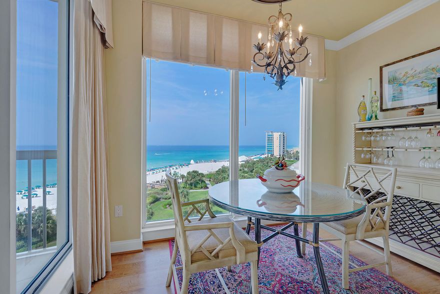 Why eat out when you can enjoy this view from your gulf front breakfast room! This 3 bedroom 3 bathroom condo is located in the rental restricted building St. Thomas, and has fantastic views from every room. Step off of your semi-private elevator directly into the condo and enjoy custom features and furnishings throughout. The kitchen has granite countertops and a double oven. The master bedroom, with incredible gulf views, is spacious with a large walk-in closet. The master bath has double vanities and a gorgeous walk-in shower. The two guest bedrooms adjoin a second terrace providing beautiful resort views. As a full time residence or second home, beachfront living doesn't get any better. St. Thomas has an elegant lobby, library, private beach side pool and hot tub, deeded garage...