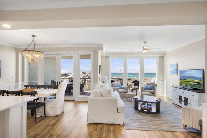 Experience gulf-front living with inspiring views and updated interiors from this two-story Watersound Crossings condominium home. Ideally positioned steps from the gulf and undisturbed dunes, this condo has over 2100 square feet of living space, gourmet kitchen, private elevator, and balconies on both levels. The condo accommodates large groups with 3 spacious bedrooms plus a bunk area. A 2022 renovation features an updated kitchen with Calcutta Borghini Quartz counters, Soho Studio marble and ceramic backsplash, new dual fuel Wolf Range, new sink and gold Delta fixtures. All 4 bathrooms boast new cabinets and hardware and the master bathroom  has a free standing soaker tub and dramatic floor to ceiling tile for an elegant touch.