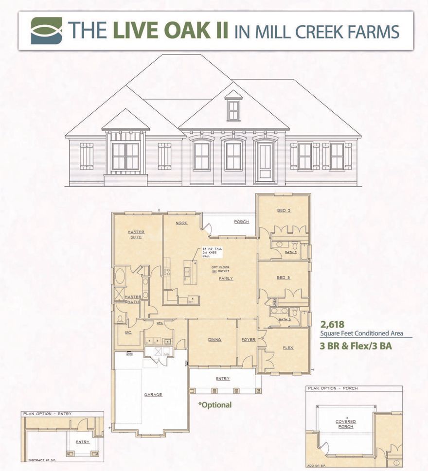 Construction has began on the Live Oak II, hurry in to select your colors. Open living with 3 bedrooms, 3 baths, flex room and formal dining room. Come enjoy the oversized front and back porches. Large foyer opens to the dining room, living area, kitchen and nook. Master offers a tiled shower and tub deck along with a the large walk-in closet with direct access to utility room. Floor coverings are laminate, tile and carpet. Lots of upgrades including extended back porch, crown molding, cased windows, 8' doors throughout, extended island, french doors to flex room, laundry cabinet with granite counter top and sink, upgraded kitchen w/ built in cooktop, microwave, oven and chimney hood vent. Visit the new Model Home open daily from 10-5 at 1454 Mill Creek Drive.