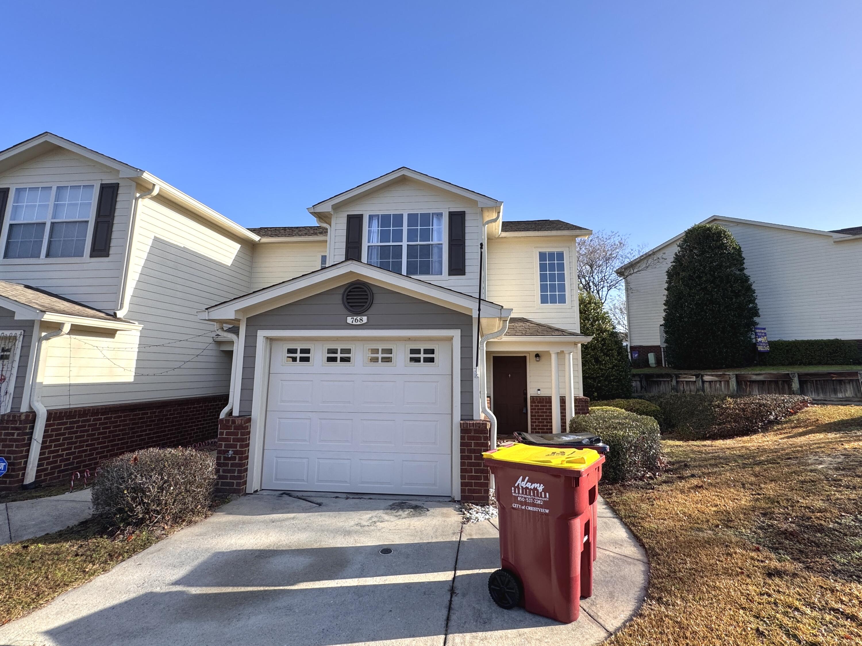 Available 1/6/25 ...Welcome to this inviting end-unit town home in Eagles Landing Community, South Crestview. Unit features 2 upstairs master suites, each with its own private bathroom and convenient 1/2-bath on main level. This home offers the ideal blend of privacy and functionality. Galley kitchen will soon boast a brand-new refrigerator for your convenience. The adjoining living area provides ample room to relax or host guests, with plenty of natural light throughout. A 1-car garage ensures secure parking and additional storage space, while the community itself enhances your lifestyle with a park, community pool, and additional parking nearby. Covered front porch and open back patio. No inside smoking or vaping. Pets 25lbs and under allowed with owner approval. W/D Hookups inside.