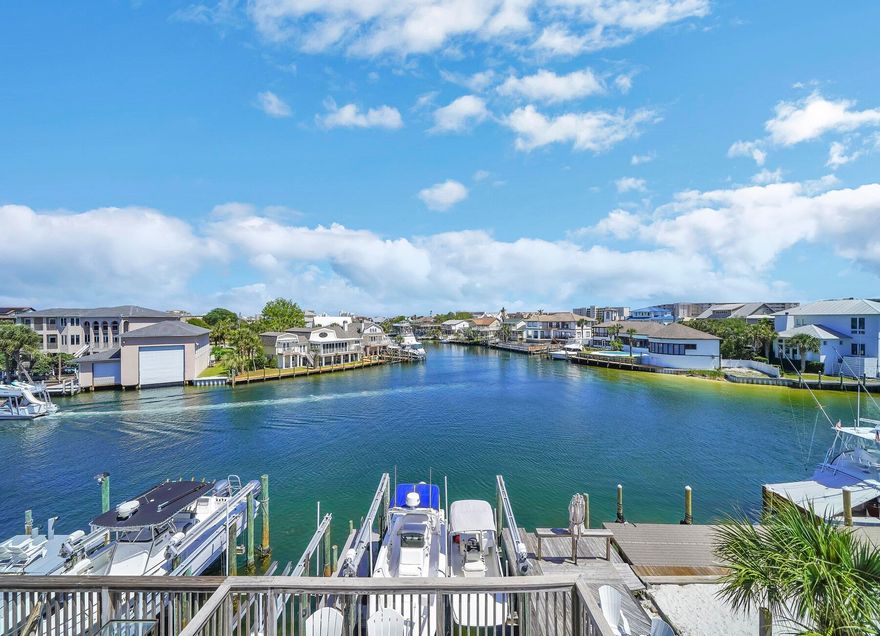 Sellers have moved in property.Nestled directly off the Harbor in the exclusive Holiday Isle community, this stunning canal-front townhome is a boater's paradise and a waterfront entertainer's dream. Featuring a double 12K lb boat lift with an option to upgrade to 16K lbs, the private boat slip accommodates vessels up to 50', making it ideal for avid boaters seeking direct and quick access to the Gulf of America. The home has been thoughtfully renovated with stylish and low-maintenance LVP flooring throughout, offering both modern aesthetics and durability. Hosting is effortless with expansive waterfront decks, enclosed porches on the 1st and 2nd floors, and three scenic balconies, each offering breathtaking water views. The Master balcony even provides a delightful peek-a-boo Gulf view,