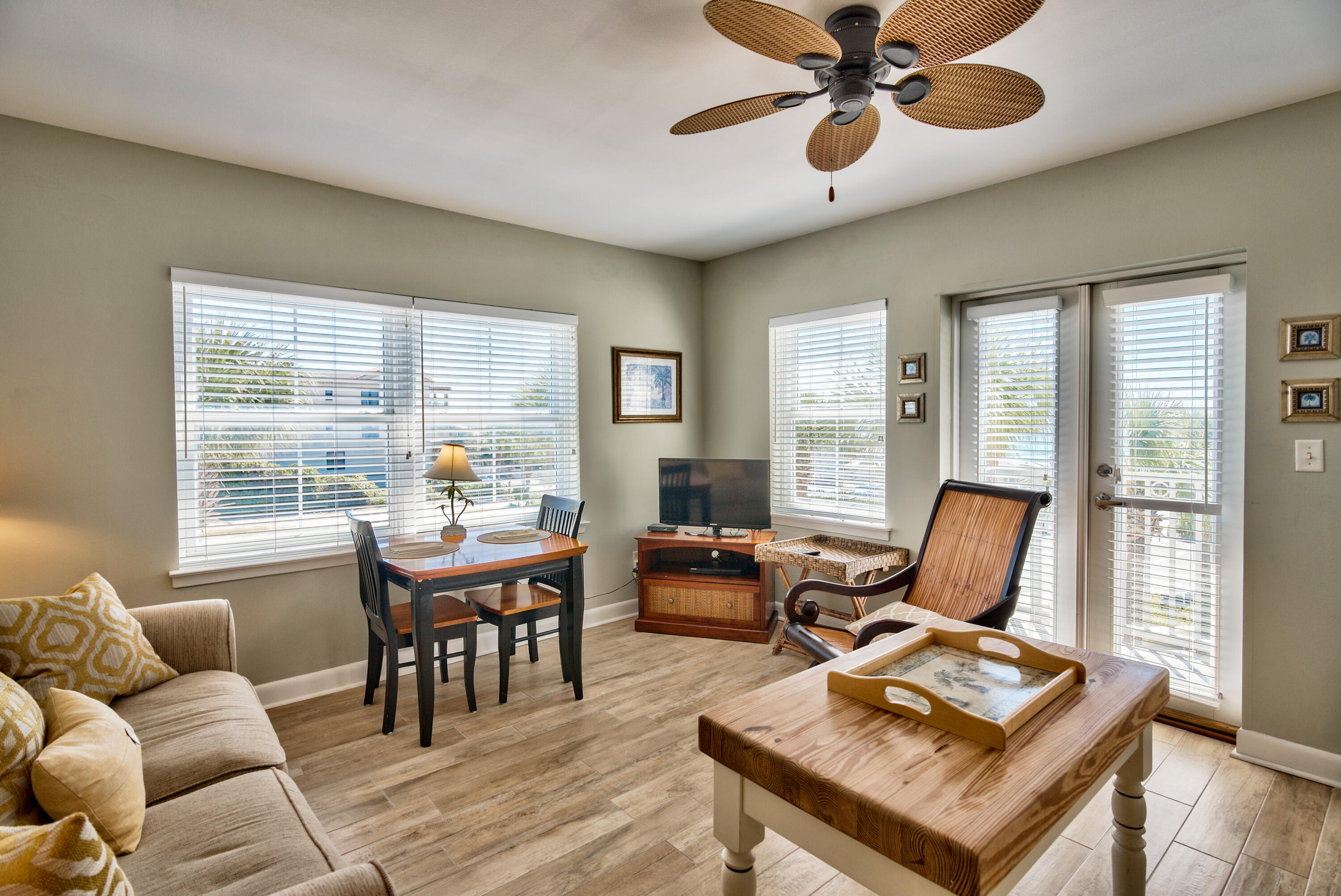 Gulf Place bright end unit! Views of Gulf from balcony! Gulf Place is along scenic 30A, just West of Seaside/Watercolor. Across the street from the Gulf. Deeded beach access! 3 pools, 2 of which are heated, 2 tennis courts, BBQ gilling areas, Amphitheater, and shuffle board. New granite counter and new sink. New floors in 2019 (luxury vinyl planking) newly painted in 2019, new AC in 2020. Stainless steel appliances. Gulf Place has Boutique shopping, dining, spas, coffee shop, liquor store, candy store, art gallery and biking rentals.