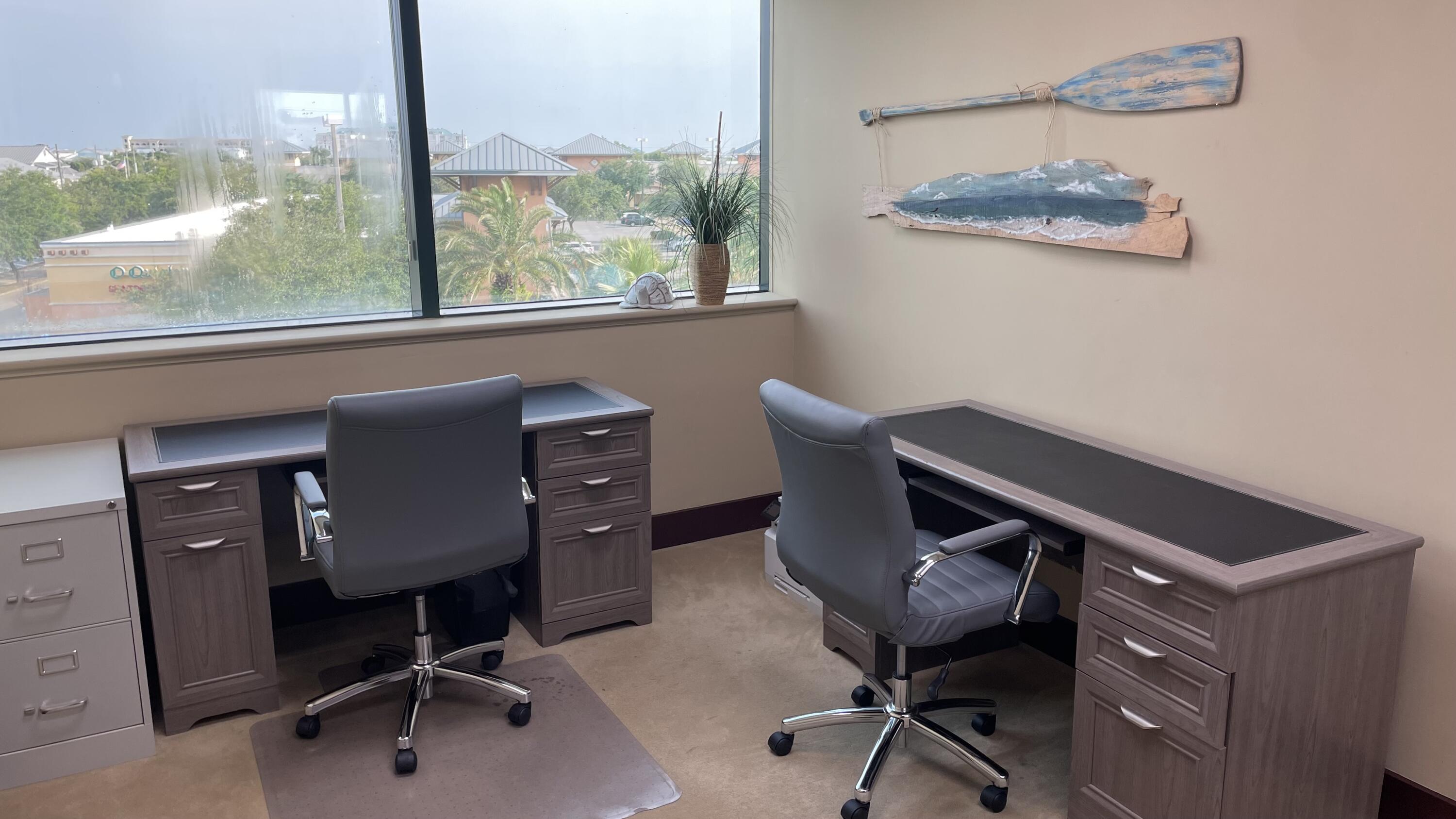 Beachside office on floor 3, Beachworx's main cowering community floor. 150 sq ft, Wooden door ( lock ) furnished with 2 desks, 2 office chairs and 2 guest chairs. wall art and a white board. Lots of natural light. Window faces south. Included all amenities unlimited parking, 24/7 access to Beachworx. Can be a short term lease for 12 month commitment .