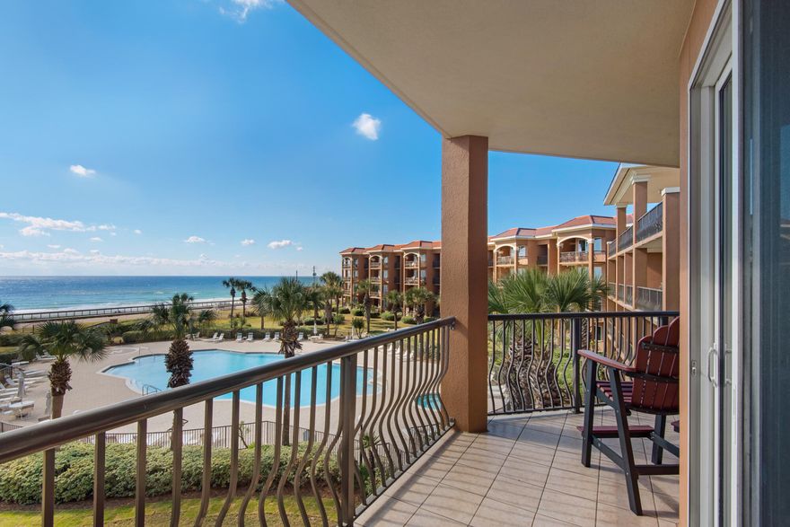 PRICE REDUCED! The Mediterranea is a low density, five star resort, conveniently located on Scenic Gulf Drive near Pompano Joe's! This sought after complex resides in a gated community which includes access to nearly 500 ft of private, deeded beach, a huge pool, gorgeous grounds, poolside spa, fitness room and large owners lounge with full kitchen.  409D features one story living, floor to ceiling windows, 3 balconies which provide breathtaking views of the Gulf!  Sip your coffee in the morning and enjoy your wine in the evening while you watch the sunset in this amazing unit!  This condo comes completely furnished and is currently on a vacation rental program but could also be used for your second home or primary residence.  There is a deeded parking space in the garage and storage cage.