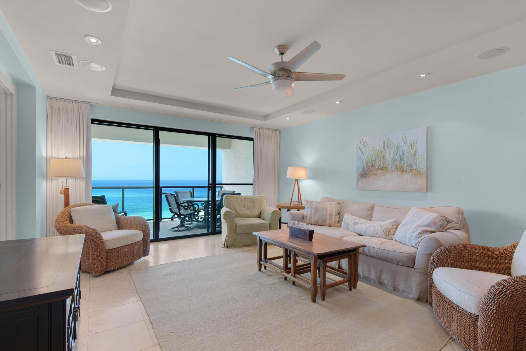 As you are brought up on the building's private elevator directly from the garage into the condominium, you will be graced with endless views of the Emerald Coast through the floor to ceiling windows into the coastal living room. Park Place is a gated & rental- free community found in the heart of Seagrove Beach. It offers a private community pool, separate hot tub, splash pool, cabanas, grilling area, gym and over 200ft of restricted beach access. Other unique features this residence includes two primary suites with private ensuite bathrooms, offering floating marble top vanities, custom tile, custom cabinetry throughout, soaking tub, and walk-in showers. The kitchen is appointed with a subzero refrigerator, wet bar, Wolf gas cooktop, and Wolf oven/microwave combo. The southern master