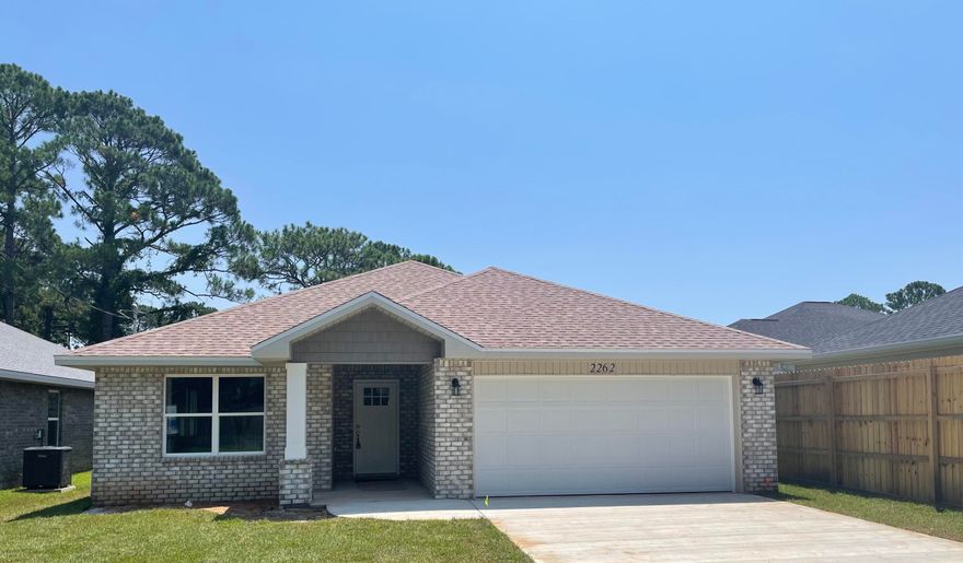 SELLER TO PAY UP TO $10K TOWARD CLOSING COSTS/RATE BUY DOWN w/ACCEPTABLE OFFER! BRAND NEW 2023 ALL BRICK HOME nestled on a peaceful end of street lot & near other 2023 homes. Upon entry thru a deco top glass front door you are welcomed into an expansive living & dining space accented w/crown molding, recessed ceiling & tasteful lighting throughout.  The KITCHEN is located in a cozy front of home corner & is topped off w/huge Sunny window! It boasts QUARTZ counters, large sink, White shaker style cabinets w/soft close drawers w/ ''coffee'' area counter cabinet, Stainless appliances, smooth cook top range, Built in Microwave, Long/Large eat up bar & Corner pantry. MASTER BATH - QUARTZ counters, dual sink, Large shower w/glass door & wide sitting bench. Walk-in closet with.. PLUS - shelf nook. MASTER BR: Ceiling fan, puck LED lights, recessed ceiling w/crown. Quality low maintenance wood plank Vinyl flooring in living areas. Stylish 12x24 tile in baths. Carpeted bedrooms. 2" Blinds on windows. Roomy covered back porch, Privacy fenced yard (43'+ deep) for a quaint place to relax in private & possible future pool, Large Laundry Room w/white shaker cabinetry and a bonus nook area for future storage/shoe bench/cabinetry, etc... Hall Bath 2 has QUARTZ counters and tub/shower combo. ADDITIONAL FEATURES:
No HOA. Sprinkler System, Hurricane fabric shield, Quiet End of Street lot, One year builder warranty and more!
Located in close proximity to Hurlburt AFB, Beautiful Navarre Beaches, shopping, eateries and schools.
A NEW Home Ready Estimated August 2023 for a First Owner!!
Wont last long! Call today to see!
