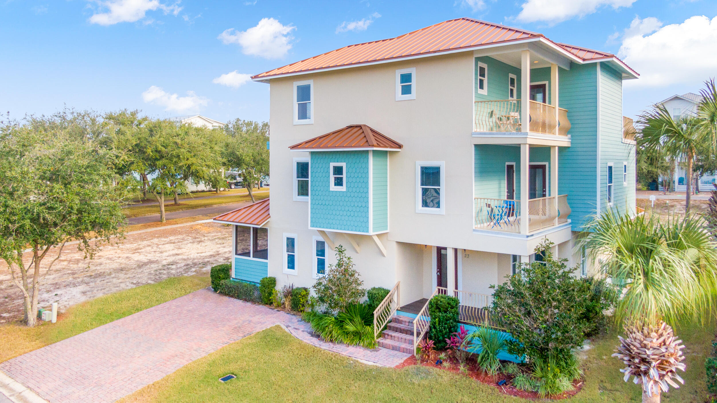 6 Bed, 4.5 bath! Located in Blue Mountain Beach. Walk to beach, restaurants & shops. Great for investors or large single family home. Turn Key, ready to rent or move in, fully furnished plus all appliances. Insulated concrete form (ICF) and steel reinforced construction with 12' thick walls. 4 Bedrooms on the second floor, 2 master suites on 3rd floor with balconies.  Double crown molding and recessed lights throughout. New screened in porch, new paverstone patio and landscaping is perfect for entertaining.  Newly painted, 2 newer HVAC units. Low HOA fee includes irrigation, lawn care, community pool, gym, bocce ball, shuffle board and putting green.