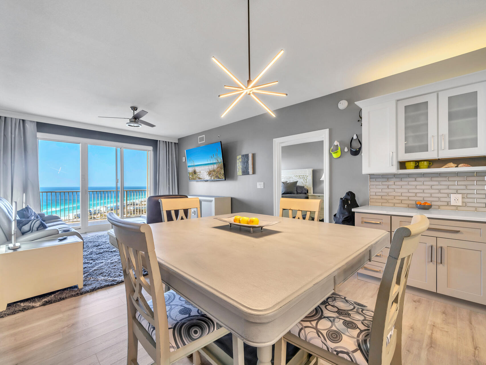 Now is your chance to own this beautiful 2 bd 2 ba in Ariel Dunes II with breathtaking and stunning views of the Gulf of Mexico.  Total renovations include new  GE Cafe appliances, quartz countertops, new cabinets throughout, faucets, lighting, new flooring,  fresh paint, new HVAC in 2021, hot water heater 2022, and  large tiled master shower.  Wake up in the Master bedroom and soak up the breathtaking view of the gulf or stroll  out on the oversized balcony and enjoy that  cup of coffee.  The versatile second bedroom can be used as a home office with  unbelievable cabinet and closet space or you can easily use as a guest room with a full or queen bed.  Excellent design, these owners have thought of everything.  Activities include golf, pickleball, tennis, basketball, swimming (8 pools to from) playground, cycling, and if you choose, take a short walk to the beautiful gulf and experience the emerald waters and pristine white sand beaches for wonderful memories with friends and family.  This unit has an owner's closet for additional storage. 
 Sunrises and sunsets are endless and this will make a wonderful  primary, secondary or investment property for you.  Call me today for a private showing.