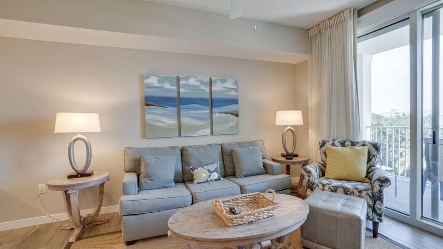 Sixth floor resort condo overlooking Grand Gardens! M-rated on Sandestin Rental with porcelain tile plank flooring, granite counters and contemporary furnishings.  Elation offers a sparkling resort-style pool, hot tubs, and a well manicured Grand Gardens for those afternoon strolls. Elation is located adjacent to the fabulous shopping, formal and informal dining and night life hot spots in the pedestrian Village of Baytowne Wharf as well as the major conferences and events held at the Grand Sandestin. In addition, owners have access to the private Solstice Club, an amenity featuring grills, screened porch with gas fireplace, indoor bar, flat screen TV and comfortable seating inside and out. Every Tuesday night, you can watch fabulous fireworks from your balcony.