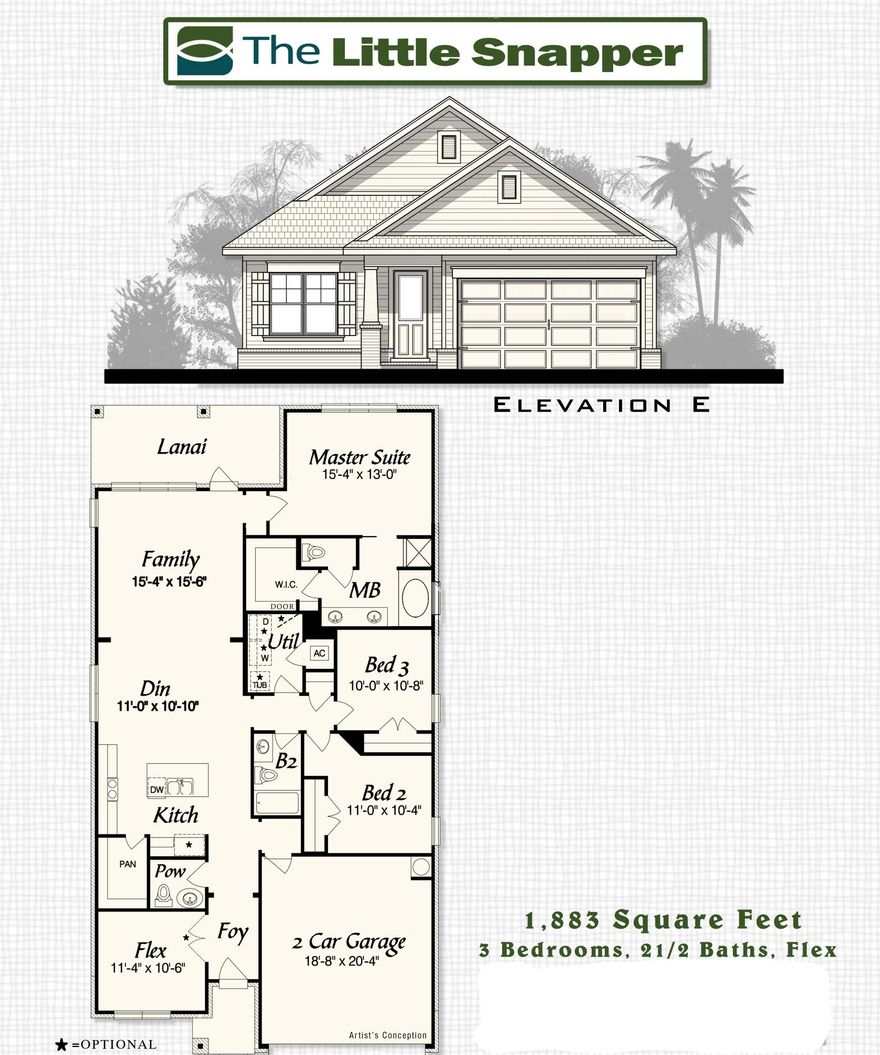 Pre-sold home with many upgrades. The Little Snapper floor plan 1,883 square feet, three bedroom, flex room with double doors, 2 1/2 bath. Local builder with excellent reputation. Brick exterior, low-e vinyl windows, covered entry, large covered rear porch, 2-car garage and landscaping package with automatic sprinkler system. Interior finishings include, 9 foot ceilings, crown molding, cased openings and cased windows. Tiled shower and tub deck, double vanity and walk in closet in master. Laminate, tile and carpet floor coverings. Upgrades include ceiling fan at lanai, screened in lanai, floor plug in living room and laundry base cabinet with drop in sink, 8' doors, kitchen back splash and surround sound pre-wire.
