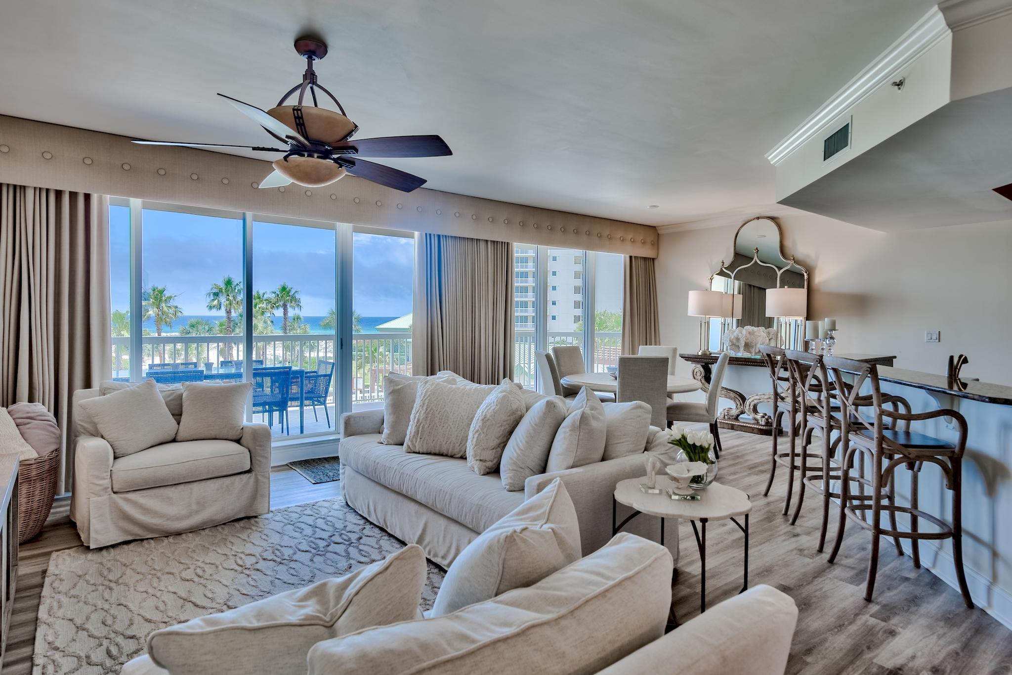 This exquisite unit is located in the exclusive non-rental St. Barths building inside the gates of Silvershells Beach Resort & Spa. Positioned perfectly on the property, this 3 bedroom 3 bathroom unit offers serenity with expansive views of the Gulf of Mexico and borders the 200 acre protected Henderson State Park. Luxuriously decorated, the unit will come furnished with minor exclusions. Unit 303 includes an assigned parking spot in the underground garage and private storage unit. St. Barth at Silver Shells is rental restricted (no rentals under one-month), and provides deeded beach access; a private, beachfront pool and spa, gym, tennis courts, gazebo and grill area, seasonal beach chair service, and more. The 31-acre Silver Shells resort offers onsite fine dining at