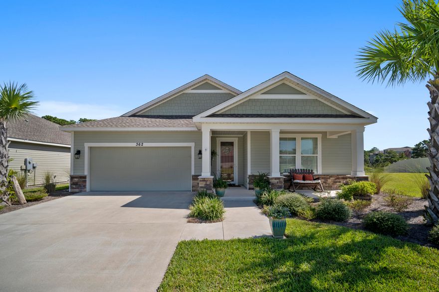 This beautiful Coastal Craftsman-style home located on the highly desirable West end of the beach will take your breath away! The 1800 SF interior exceeds expectations with its tasteful crown molding, modern luxury laminate flooring, and custom window treatments throughout. The open floor plan boasts a large kitchen with granite counters, SS appliances, plenty of cabinets with under counter lighting and upgraded back splash. The large master features a walk in closet, master bath with double vanities, a glass walk in super shower with pebble stone flooring. Beautiful french doors flow seamlessly from the elegant living area into the screened porch. Love to entertain? Invite guests out on the brick paver extended patio to grill, relax and to enjoy the pond view, star gazing or more
