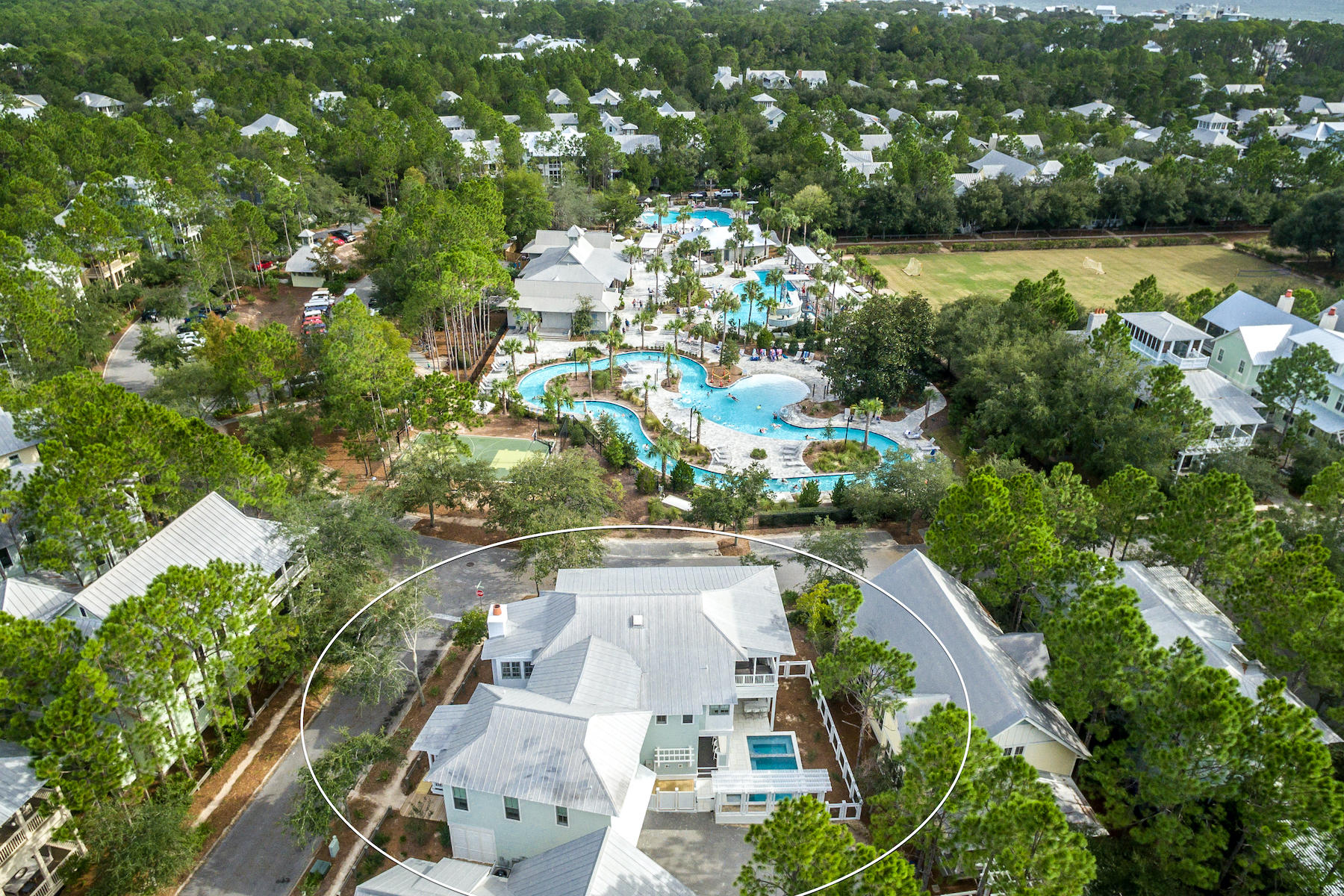 Overlooking the newly completed lazy river lies one of the finest of Watercolor experiences on one of the largest lots, uniquely private in nature. Completing a full interior and exterior renovation, no stone was unturned and no expense spared in this 4 bedroom plus bunk room home creating a masterpiece suitable for the exemplary palette. Fine interiors include exclusive finishes such as bleached Brazilian hardwoods, quartzite countertops, marble baths and indoor/outdoor furnishing with custom window treatments by Bartlett Designs. The open concept living is an entertainers delight with a true chefs kitchen featuring a gas Wolf range and massive center island. New outdoor living area created by Horton Landworks includes a large pool/spa with copper pool scuppers, peacock pavers..