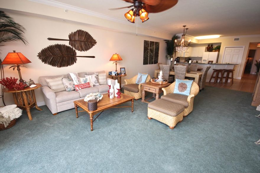 This furnished unit has 1865 Sq Ft 3 Bedroom 3 Bath and is Gulf front. Included in the sale and on the 24th floor are the much sought after 2 commercial storage cages which offer great storage for all your beach gear, bikes, etc. The master suite features a luxurious bath with separate shower and tub and opens to the expansive balcony facing the Gulf. The kitchen offers a large breakfast bar and opens to the living room which faces the Gulf. This condo comes with granite counter tops, crown molding, stackable washer/dryer, kitchen appliances and tile.