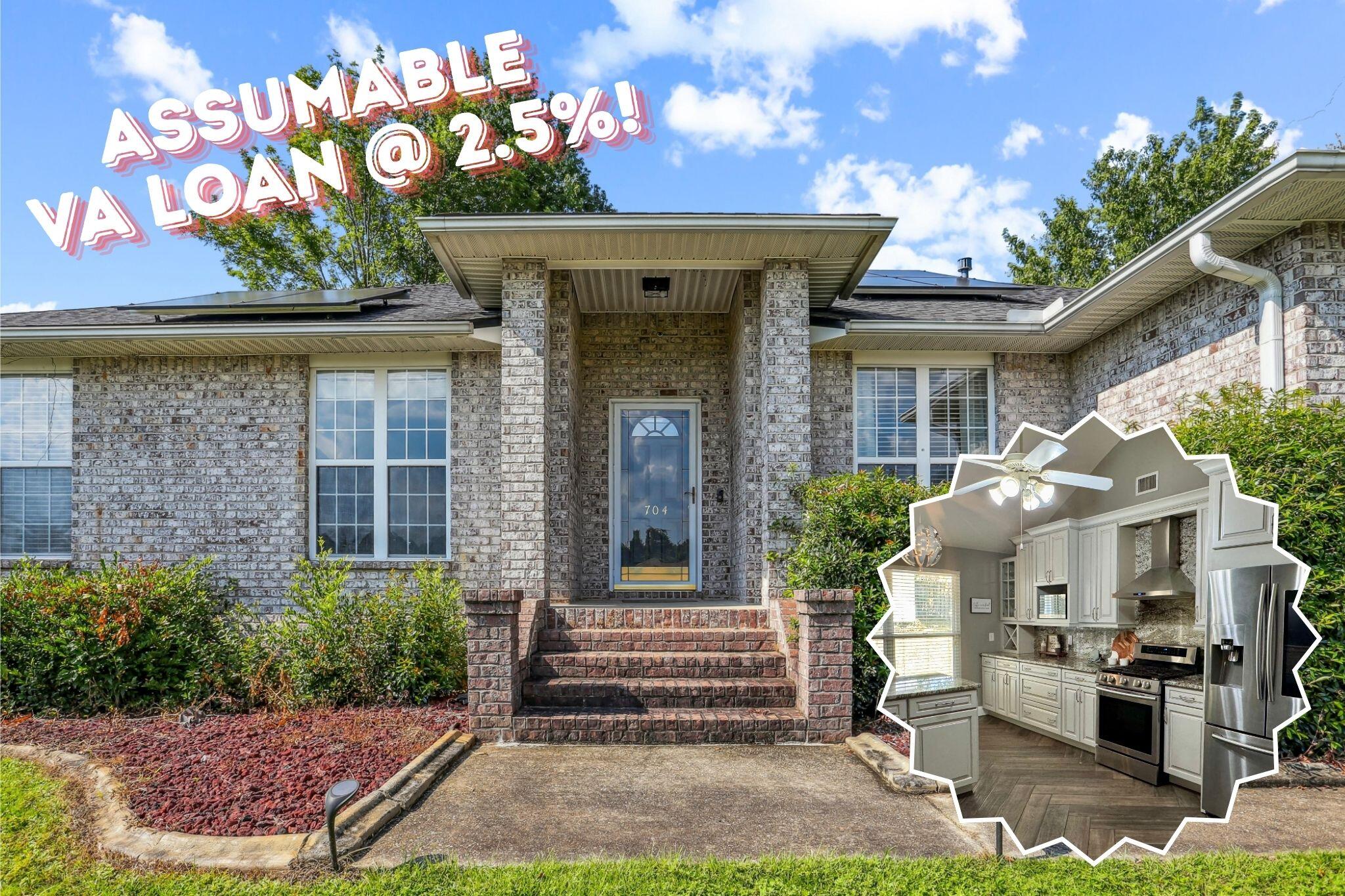2.5% assumable VA loan! Lumio solar panels paid off with acceptable offer! Now is the time to check out this beautifully updated all-brick home situated on a 1/4 lot in Antioch Estates - a great south Crestview location and will be very convenient to the future I-10 Exit 53! Move right into this split floorplan 4 bed, 2 bath home w/formal dining room! Gorgeous herringbone pattern wood-look tile throughout - no carpet! The living room has a cathedral ceiling with architectural niche & gas fireplace with unique stone accent! The stone carries over to the kitchen pillars with hop-up bar and also counter height breakfast bar seating. This kitchen is it!! -spectacular granite countersplash, upgraded cabinets with crown moulding & soft-close drawers, gas stove w/hood, and stainless-steel -touch screen French door refrigerator included! The master suite is sizable with remote controlled blinds and an ensuite featuring a double vanity with granite countertop, walk-in closet, separate shower & garden tub. Head outside to your screened-in patio with new ceiling fan and the fenced backyard (with double gate access) also has a large shed. Schedule to see this home today!