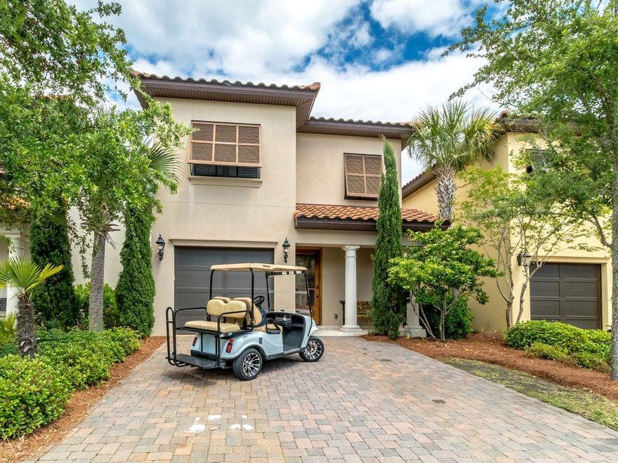 Enjoy breathtaking , panoramic views of the lake and Baytowne Golf Course. The curved wall floorplan provides an open and inviting ambiance and gives a contemporary twist to this Mediterranean style home. The attention to detail is exemplified in the custom kitchen, hard wood doors, cream, mocha glazed crown molding, decorative tile, and glass bowl sinks in the baths. This property is being sold furnished with golf cart. Villa Lago's setting of over 13 acres is completely surrounded by the renovated Baytowne Golf course. Amenities include an exclusive clubhouse and pool. Rental projection is under documents.