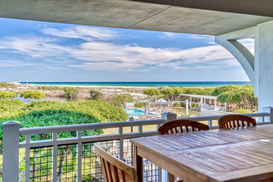 Newly updated 2 story condo located in the private gated Watersound Beach community with spectacular views of the dunes, beaches and Gulf of Mexico! This bright and relaxing unit is located on the ground floor just steps to the beach and pool. The interior boasts 3BR / 3.5BA  with an attached garage and offering the possibility of adding a bunk room in the office. The first floor master suite features private screened in patio with lounge seating, en suite bath with dual vanity sink, jetted tub, and walk-in shower, flat screen TV, dresser plus his and hers closets and storage available. There is a laundry room and an office on the first floor with built in desk and shelving. The second floor features the main living area with queen sleeper sofa, dining area and
