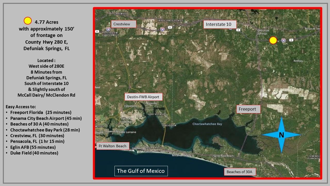 NEW PRICE! Don't miss this beautiful 4.77 acre tract located in Defuniak Springs. Easy access to everything Northwest Florida has to offer. Minutes from Interstate 10 and Freeport, Florida, the Choctawhatchee Bay, and the Beaches of 30A this property is perfect for your dream home.